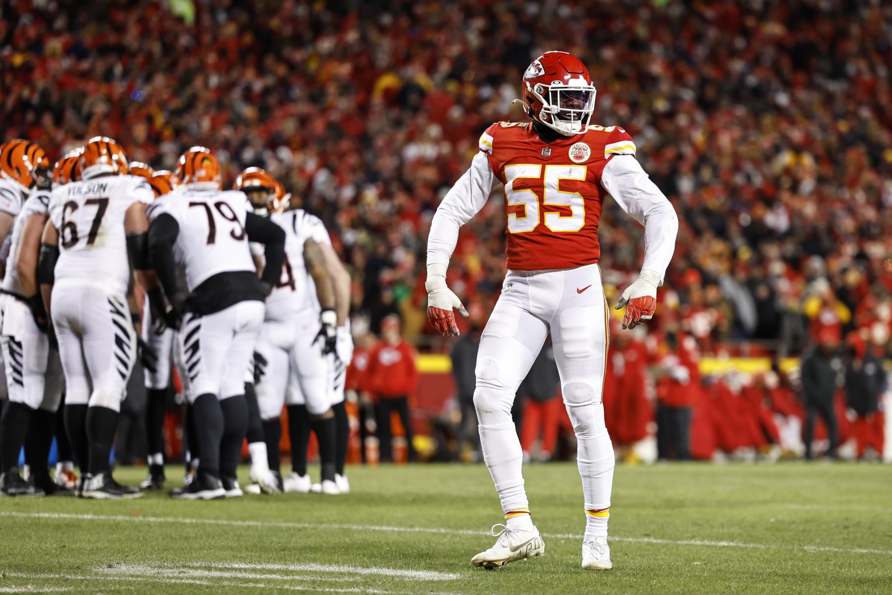 KANSAS CITY, MISSOURI - JANUARY 29: Frank Clark #55 of the Kansas City Chiefs reacts during the AFC Championship NFL football game between the Kansas City Chiefs and the Cincinnati Bengals at GEHA Field at Arrowhead Stadium on January 29, 2023 in Kansas City, Missouri. (Photo by Michael Owens/Getty Images)