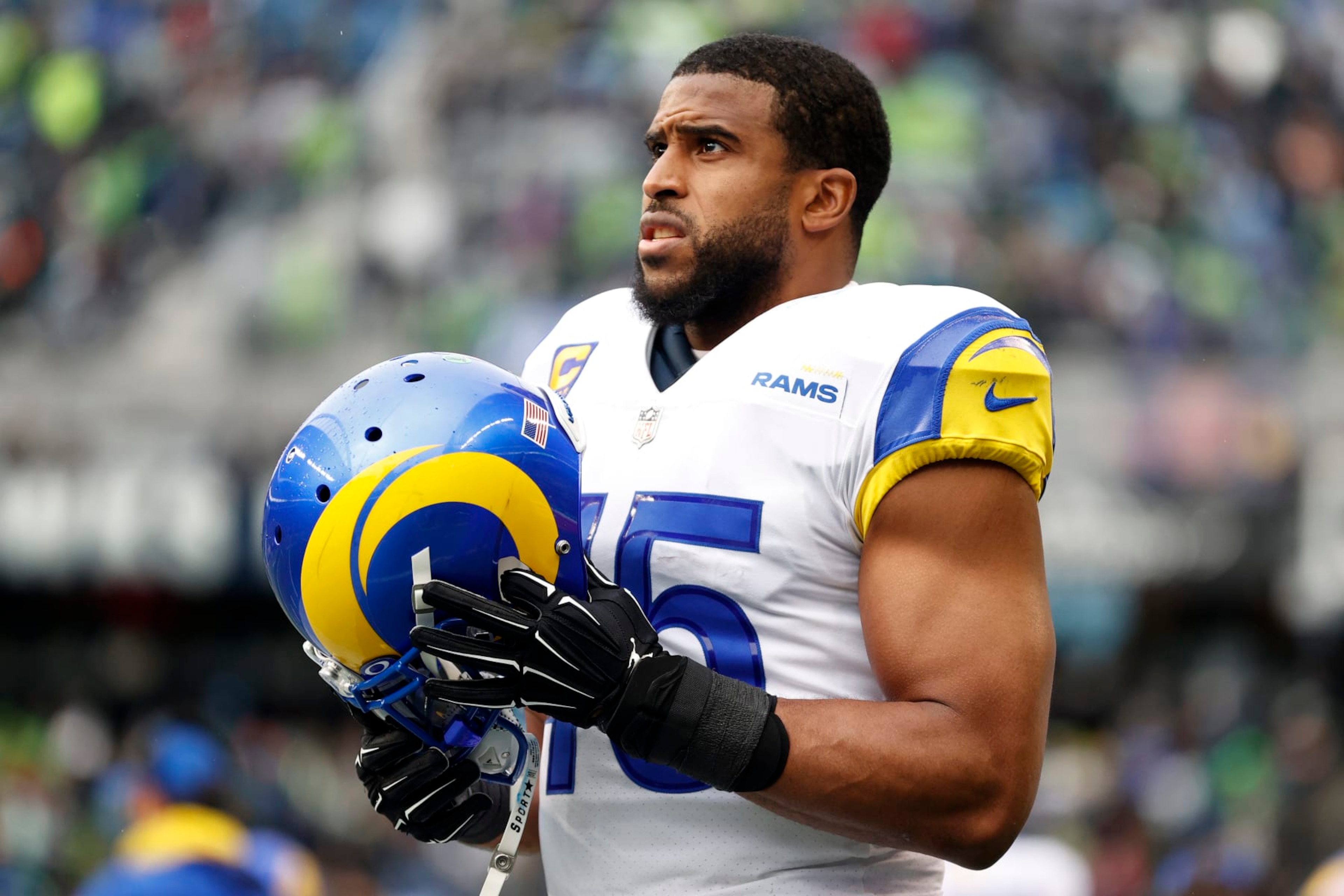 SEATTLE, WASHINGTON - JANUARY 08: Bobby Wagner #45 of the Los Angeles Rams looks on during the third quarter against the Seattle Seahawks at Lumen Field on January 08, 2023 in Seattle, Washington. (Photo by Steph Chambers/Getty Images) SEATTLE, WASHINGTON - JANUARY 08: Bobby Wagner #45 of the Los Angeles Rams looks on during the third quarter against the Seattle Seahawks at Lumen Field on January 08, 2023 in Seattle, Washington. (Photo by Steph Chambers/Getty Images)