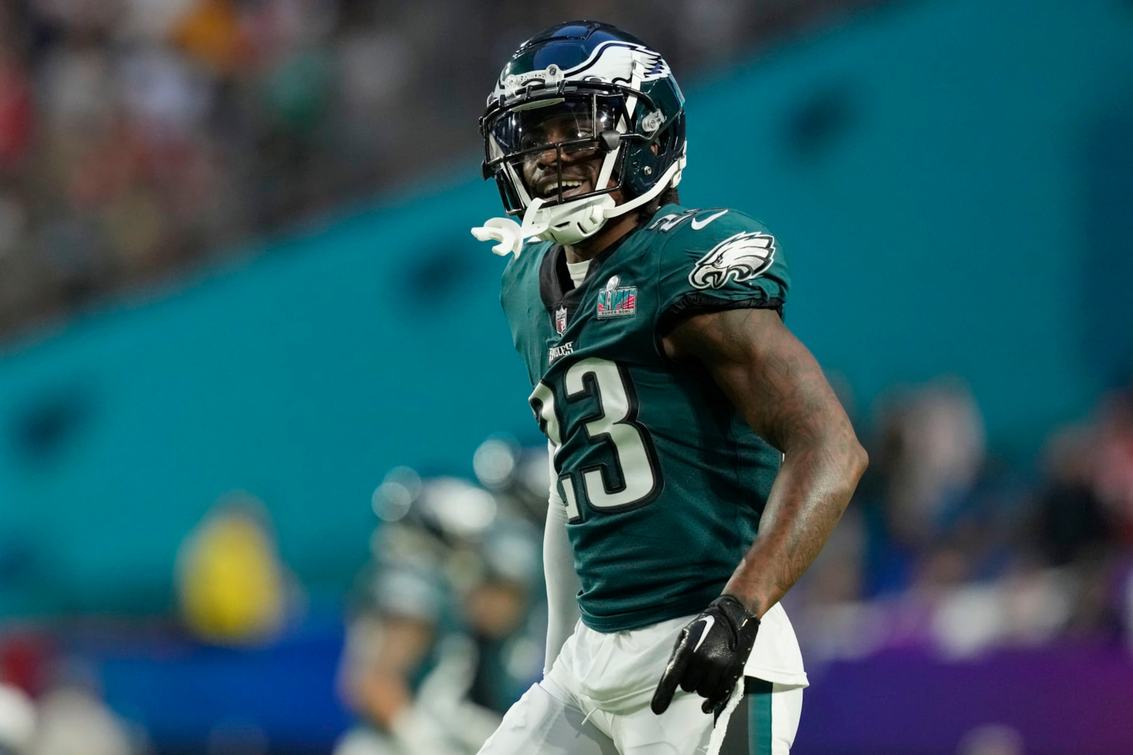 Philadelphia Eagles safety C.J. Gardner-Johnson (23) reacts during the NFL Super Bowl 57 football game against the Kansas City Chiefs, Sunday, Feb. 12, 2023, in Glendale, Ariz. The Kansas City Chiefs defeated the Philadelphia Eagles 38-35. (AP Photo/Steve Luciano) Philadelphia Eagles safety C.J. Gardner-Johnson (23) reacts during the NFL Super Bowl 57 football game against the Kansas City Chiefs, Sunday, Feb. 12, 2023, in Glendale, Ariz. The Kansas City Chiefs defeated the Philadelphia Eagles 38-35. (AP Photo/Steve Luciano)