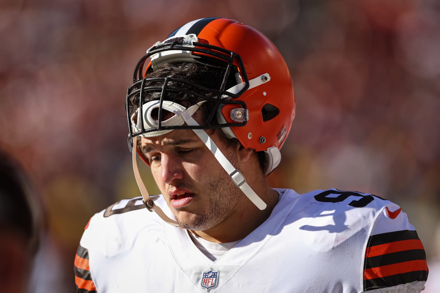 LANDOVER, MD - JANUARY 01: Taven Bryan #99 of the Cleveland Browns looks on against the Washington Commanders during the first half of the game at FedExField on January 1, 2023 in Landover, Maryland. (Photo by Scott Taetsch/Getty Images)