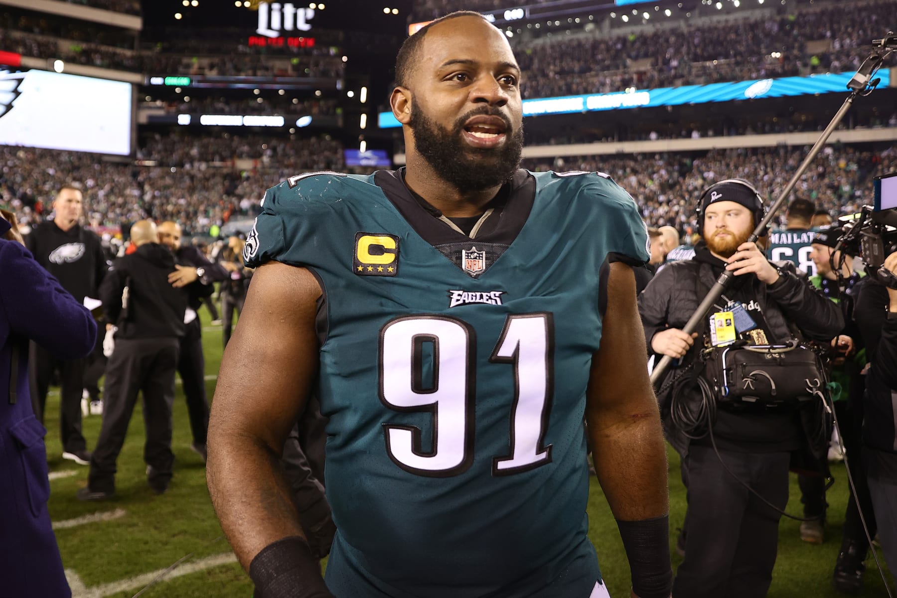 PHILADELPHIA, PENNSYLVANIA - JANUARY 29: Fletcher Cox #91 of the Philadelphia Eagles reacts as he walks off the field after defeating the San Francisco 49ers 31-7 in the NFC Championship Game at Lincoln Financial Field on January 29, 2023 in Philadelphia, Pennsylvania. (Photo by Tim Nwachukwu/Getty Images)