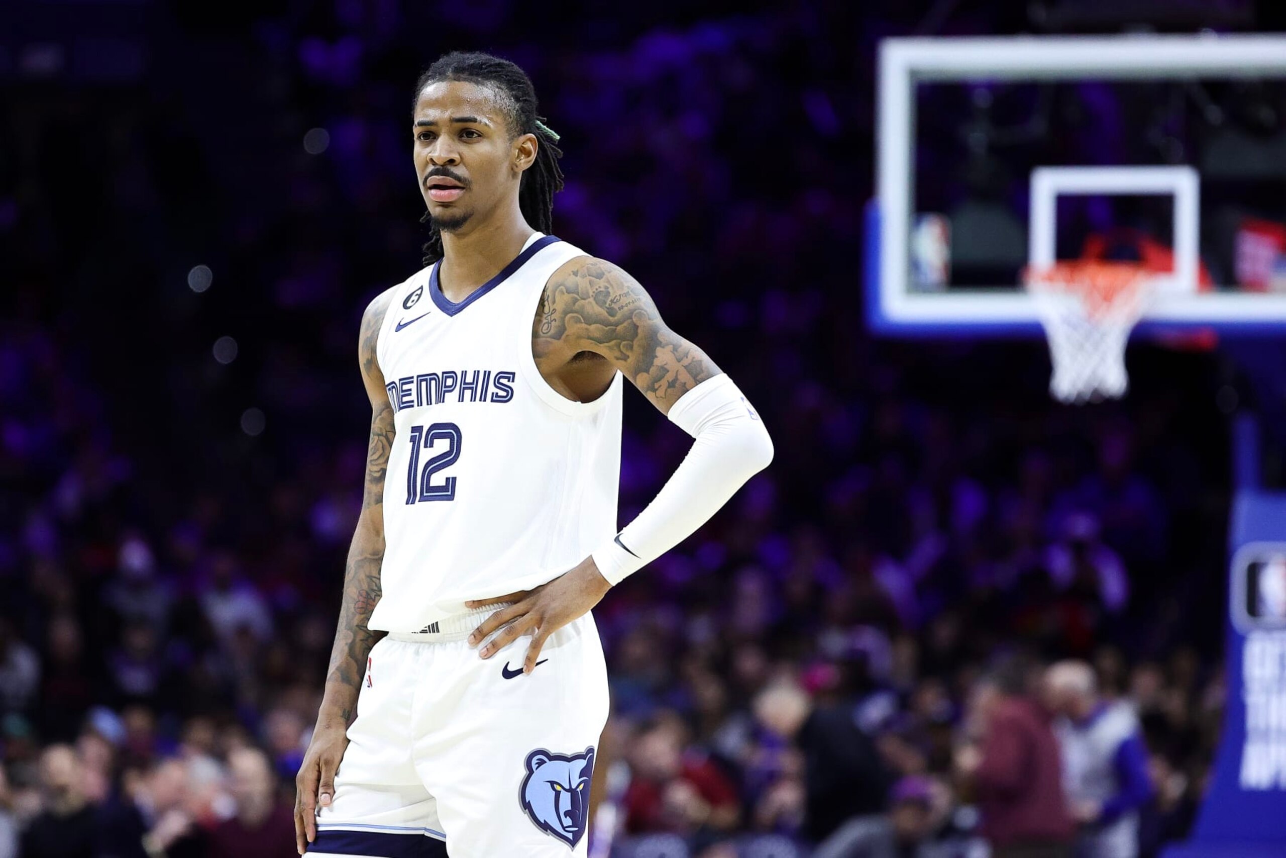 PHILADELPHIA, PENNSYLVANIA - FEBRUARY 23: Ja Morant #12 of the Memphis Grizzlies looks on during the third quarter against the Philadelphia 76ers at Wells Fargo Center on February 23, 2023 in Philadelphia, Pennsylvania. NOTE TO USER: User expressly acknowledges and agrees that, by downloading and or using this photograph, User is consenting to the terms and conditions of the Getty Images License Agreement. (Photo by Tim Nwachukwu/Getty Images)