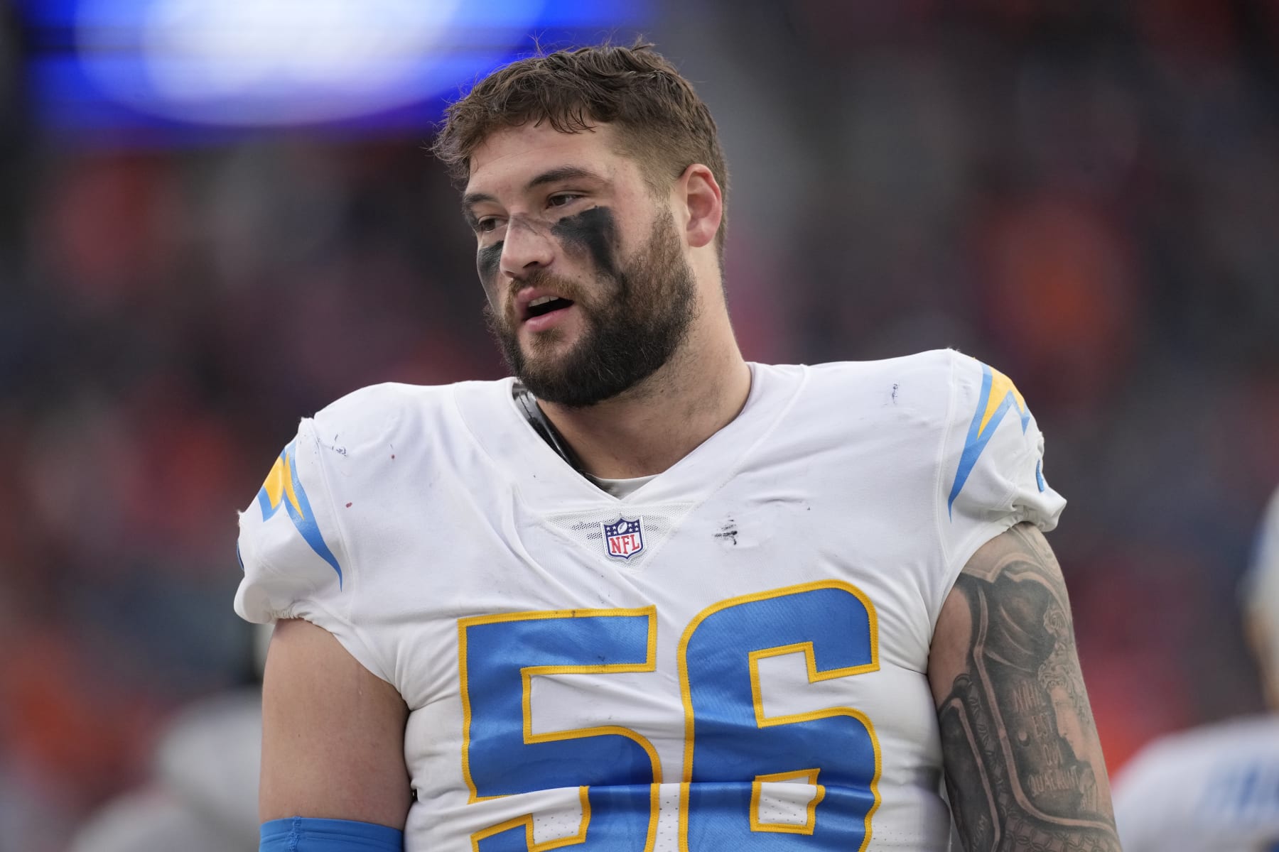 Los Angeles Chargers defensive end Morgan Fox (56) in an NFL football game Sunday, Jan. 8, 2023, in Denver. (AP Photo/David Zalubowski)