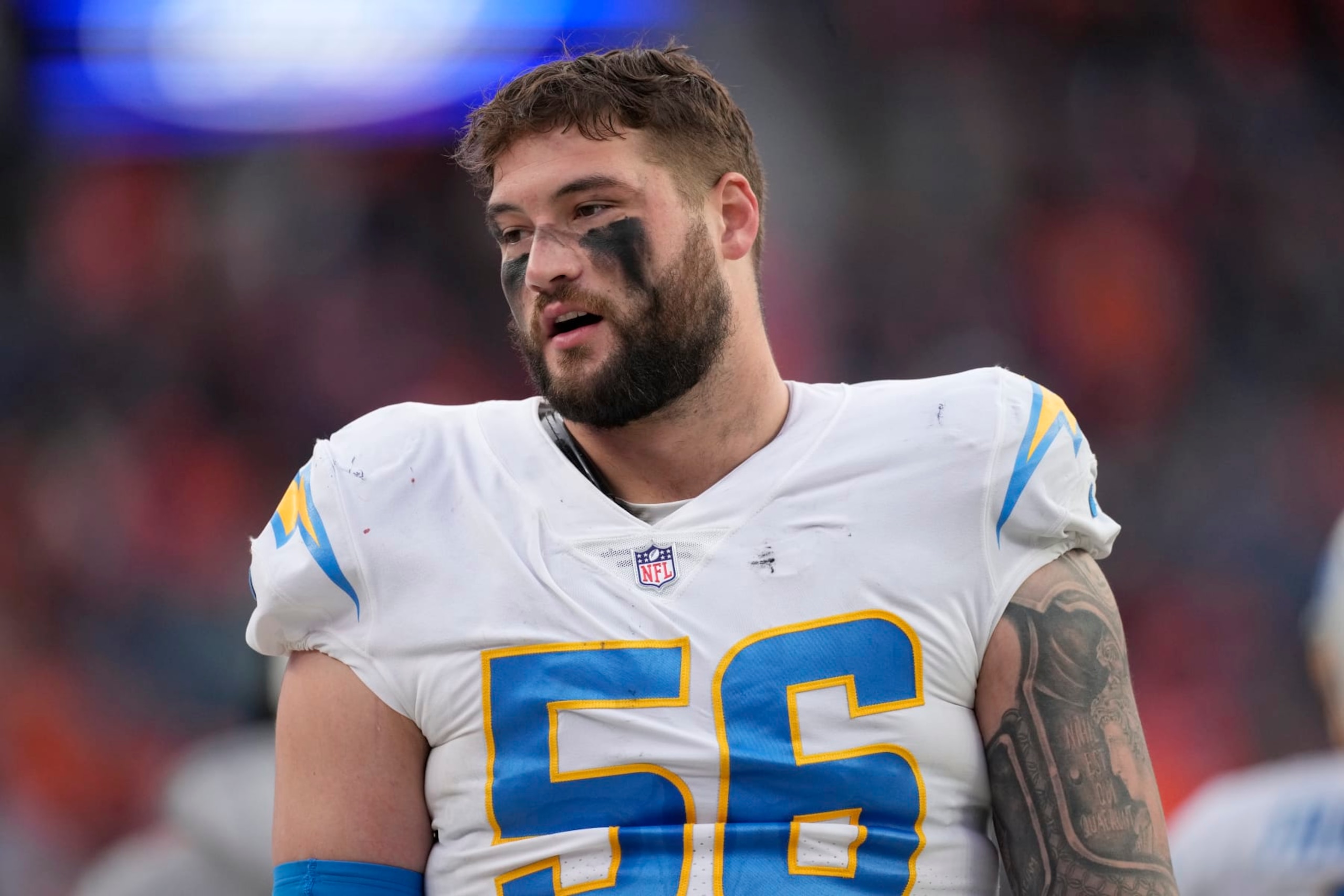 Los Angeles Chargers defensive end Morgan Fox (56) in an NFL football game Sunday, Jan. 8, 2023, in Denver. (AP Photo/David Zalubowski)