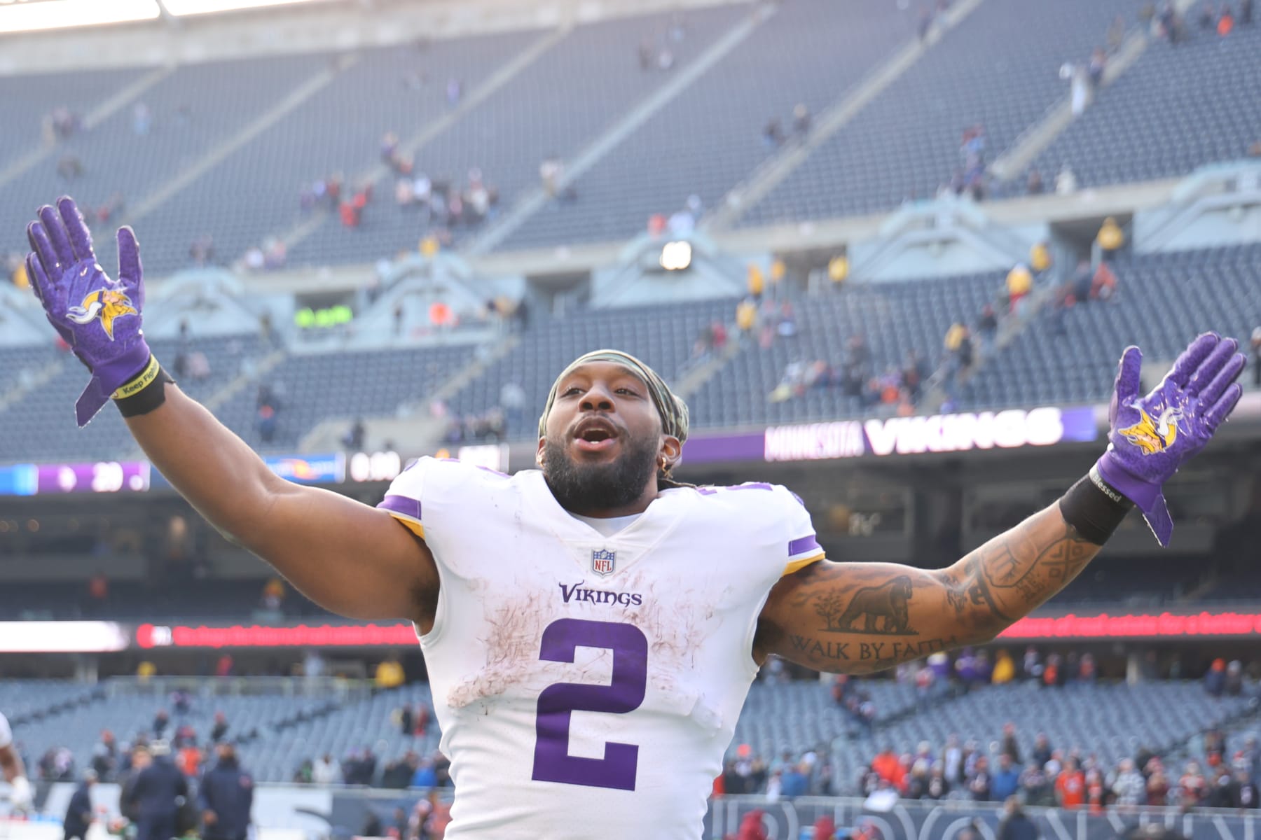 CHICAGO, ILLINOIS - JANUARY 08: Alexander Mattison #2 of the Minnesota Vikings looks on after the game against the Chicago Bears at Soldier Field on January 08, 2023 in Chicago, Illinois. (Photo by Michael Reaves/Getty Images)