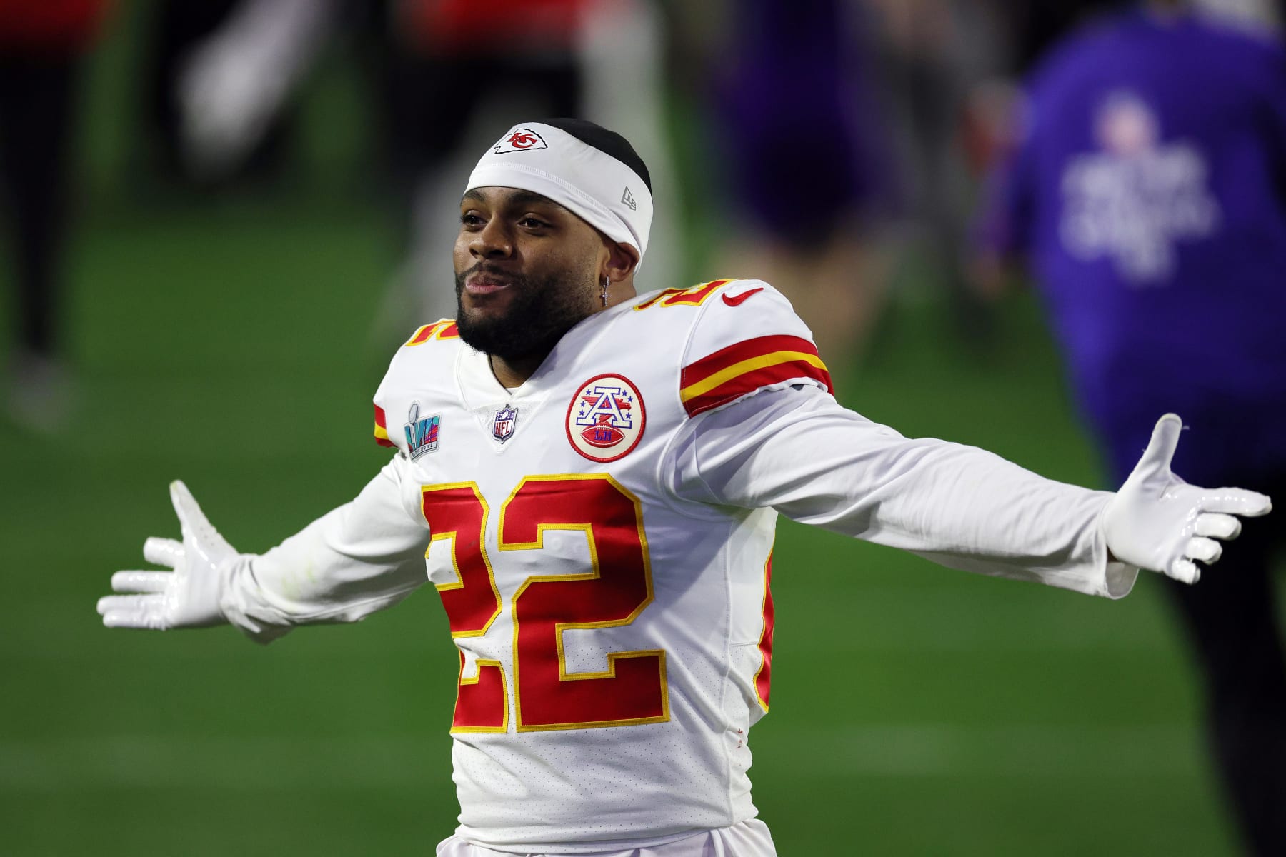 GLENDALE, ARIZONA - FEBRUARY 12: Juan Thornhill #22 of the Kansas City Chiefs celebrates after defeating the Philadelphia Eagles 38-35 to win Super Bowl LVII at State Farm Stadium on February 12, 2023 in Glendale, Arizona. (Photo by Carmen Mandato/Getty Images)
