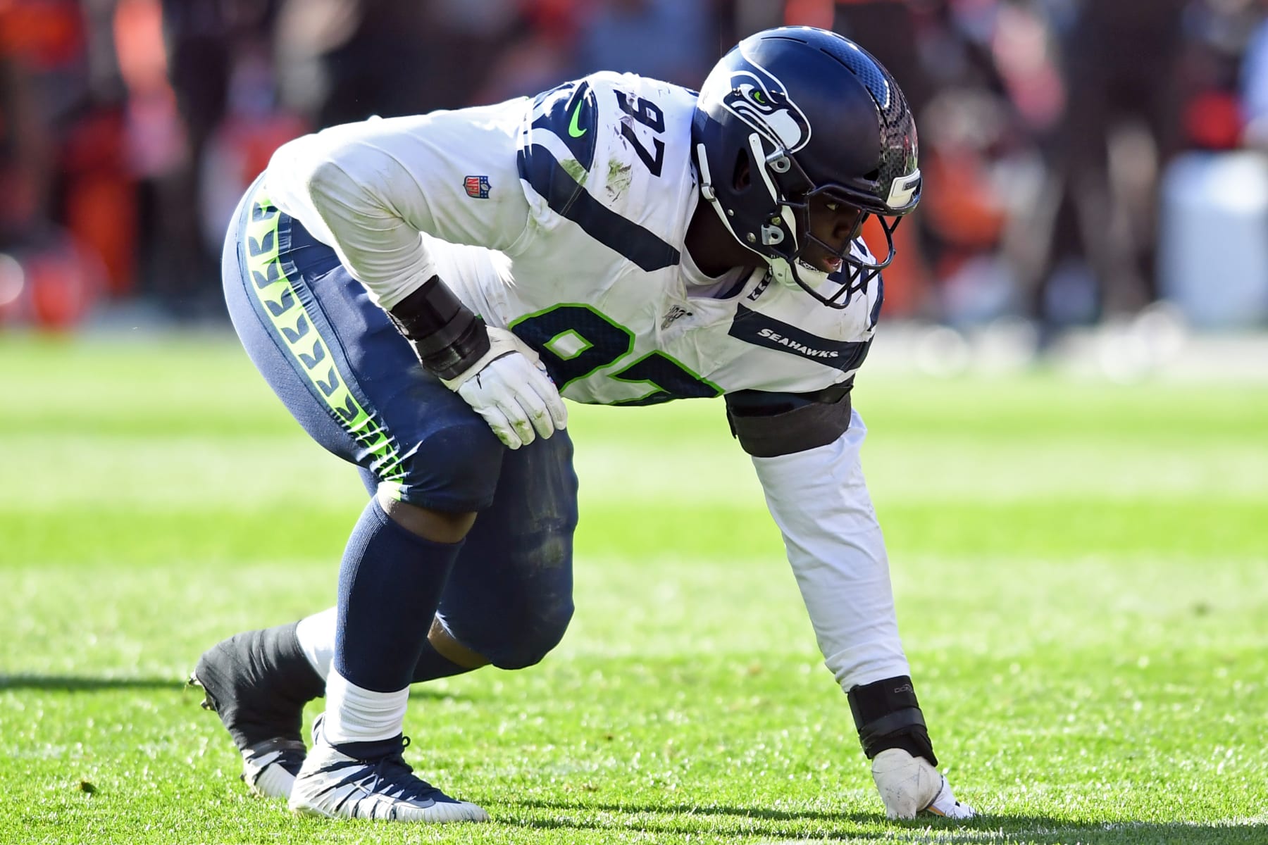 CLEVELAND, OH - OCTOBER 13, 2019: Defensive tackle Poona Ford #97 of the Seattle Seahawks waits for the snap in the fourth quarter of a game against the Cleveland Browns on October 13, 2019 at FirstEnergy Stadium in Cleveland, Ohio. Seattle won 32-28. (Photo by: 2019 Nick Cammett/Diamond Images via Getty Images)