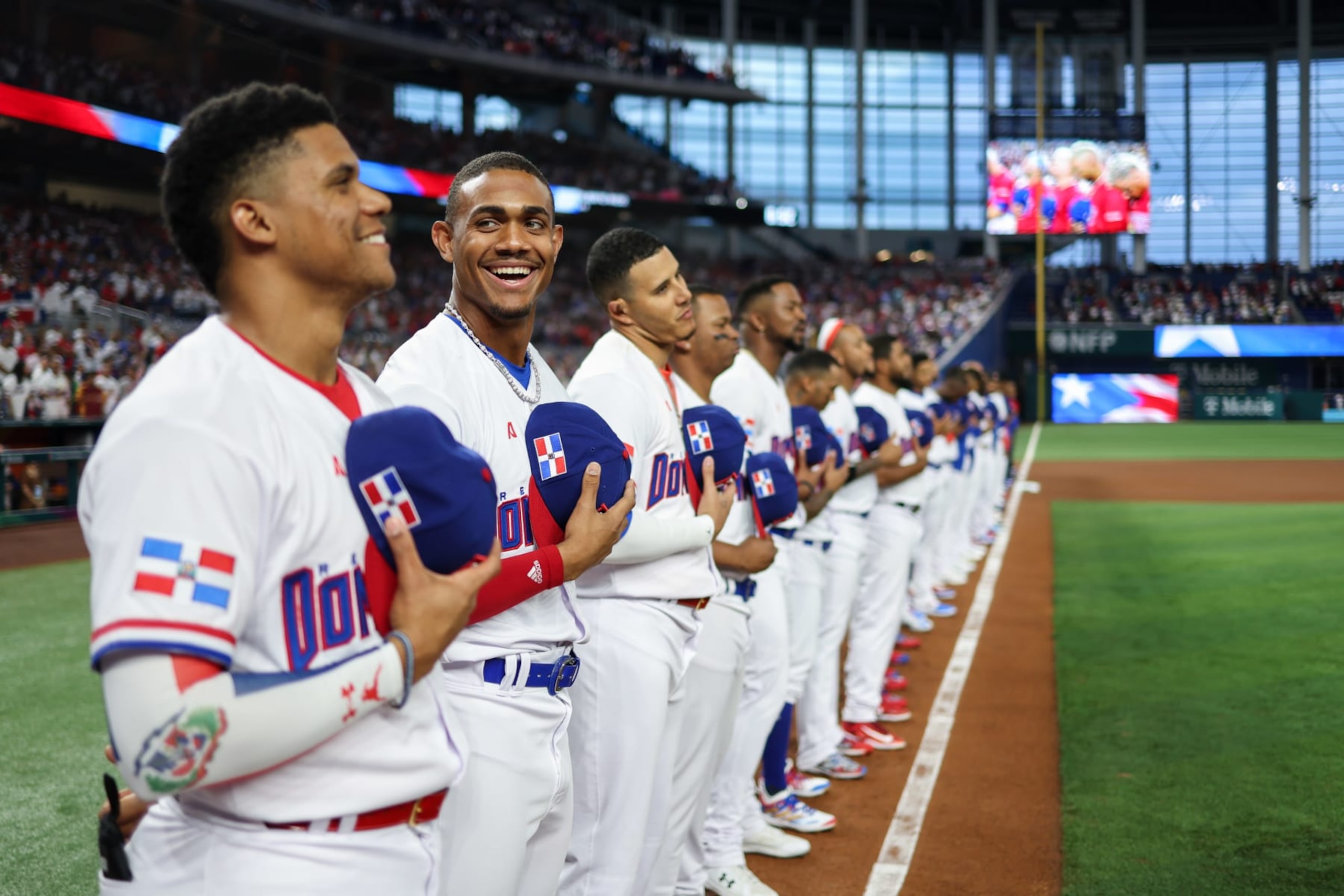 MIAMI, FL - MARCH 15:    Julio Rodríguez #44 of Team Dominican Republic stands on the field prior to Game 10 of Pool D between Team Puerto Rico and Team Dominican Republic at loanDepot Park on Wednesday, March 15, 2023 in Miami, Florida. (Photo by Rob Tringali/WBCI/MLB Photos via Getty Images)