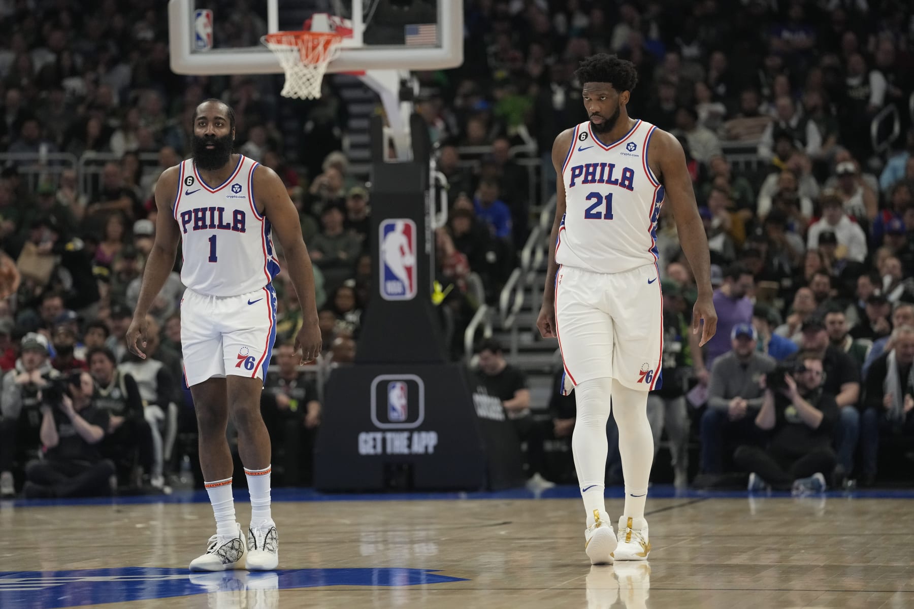 (L-R) James Harden and Joel Embiid 