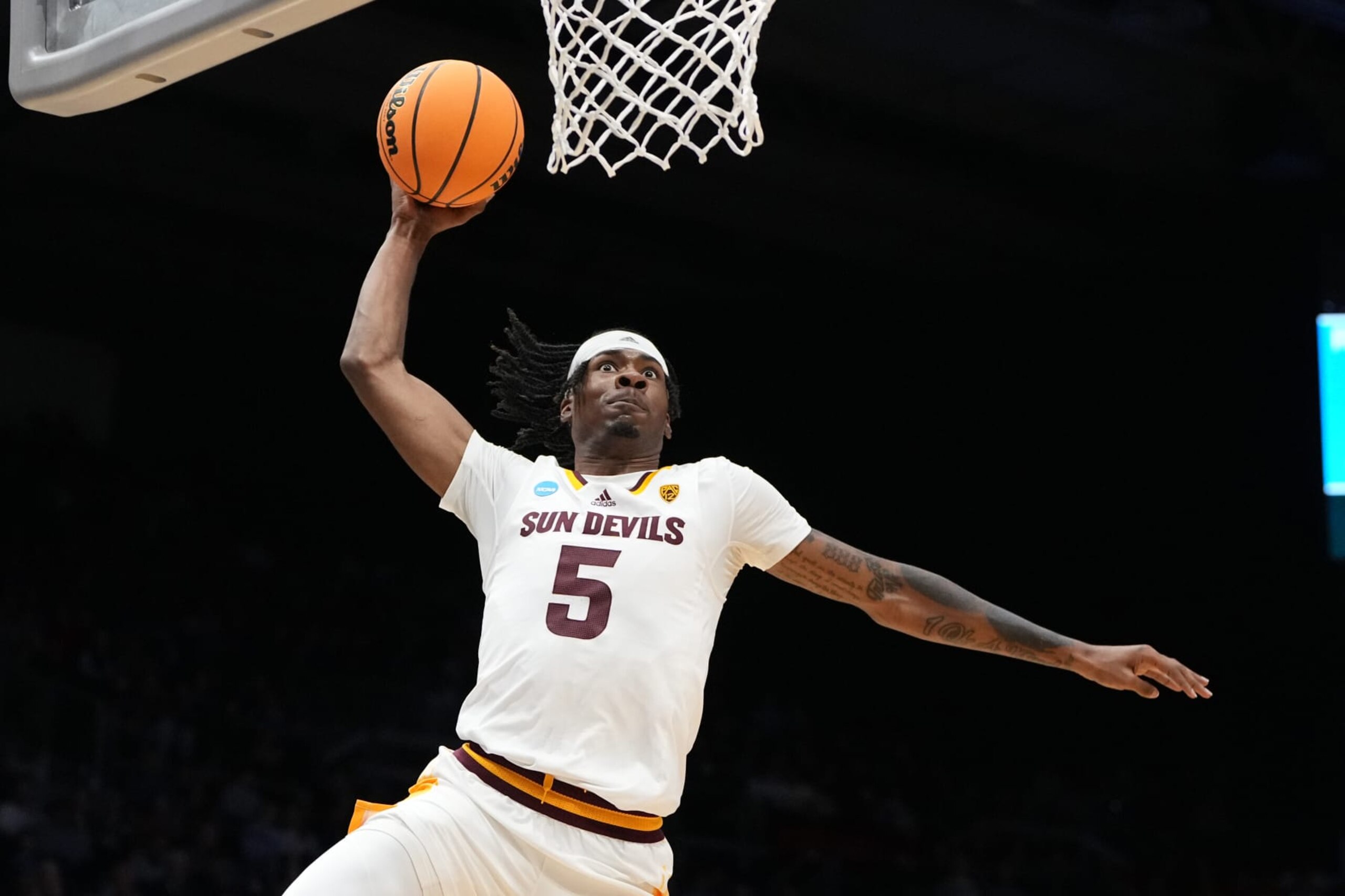 DAYTON, OHIO - MARCH 15: Jamiya Neal #5 of the Arizona State Sun Devils dunks the ball against the Nevada Wolf Pack during the first half in the First Four game of the NCAA Men's Basketball Tournament at University of Dayton Arena on March 15, 2023 in Dayton, Ohio. (Photo by Dylan Buell/Getty Images) DAYTON, OHIO - MARCH 15: Jamiya Neal #5 of the Arizona State Sun Devils dunks the ball against the Nevada Wolf Pack during the first half in the First Four game of the NCAA Men's Basketball Tournament at University of Dayton Arena on March 15, 2023 in Dayton, Ohio. (Photo by Dylan Buell/Getty Images)