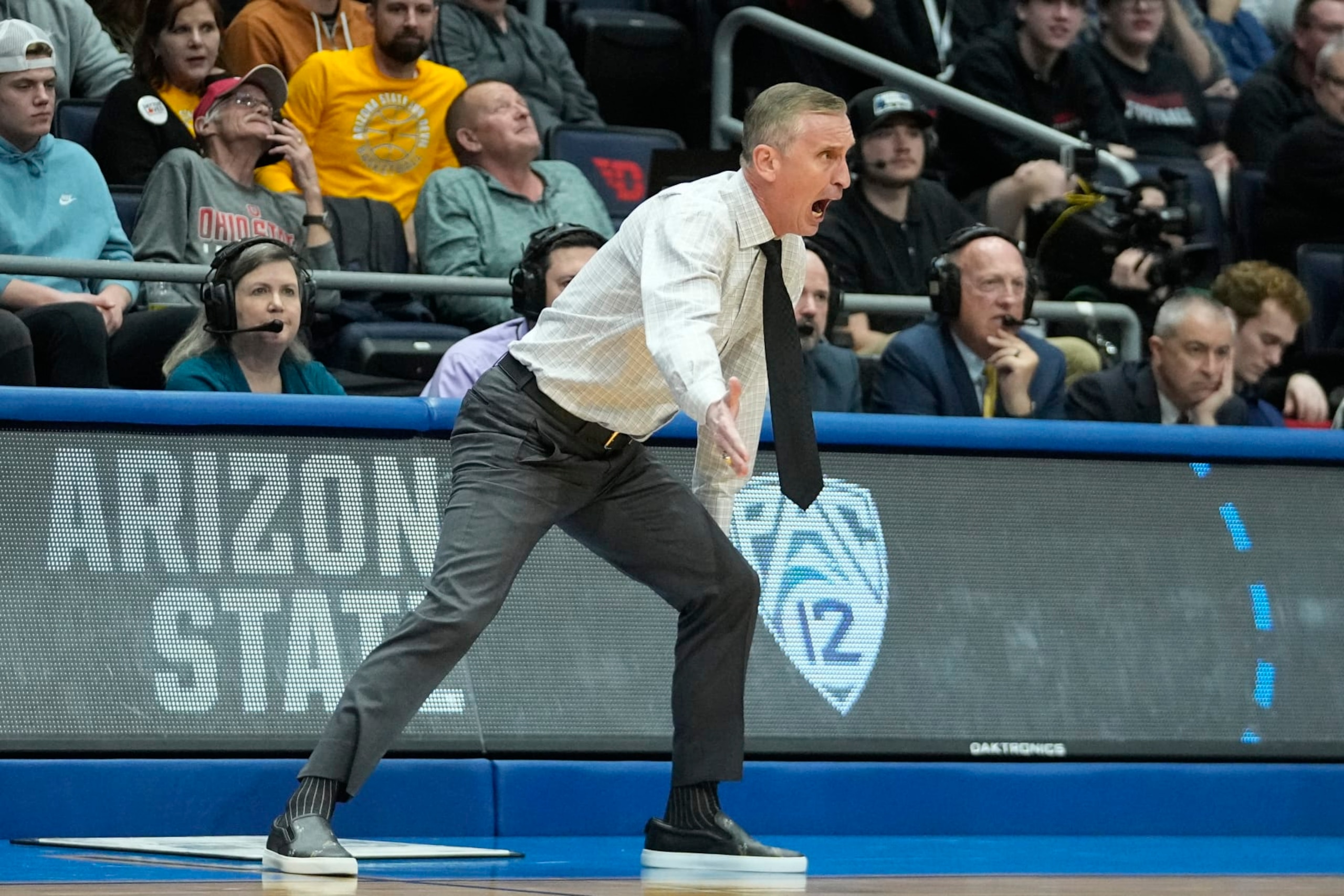 Arizona State head coach Bobby Hurley shouts during the first half of a First Four college basketball game against Nevada in the NCAA men's basketball tournament, Wednesday, March 15, 2023, in Dayton, Ohio. (AP Photo/Darron Cummings) Arizona State head coach Bobby Hurley shouts during the first half of a First Four college basketball game against Nevada in the NCAA men's basketball tournament, Wednesday, March 15, 2023, in Dayton, Ohio. (AP Photo/Darron Cummings)