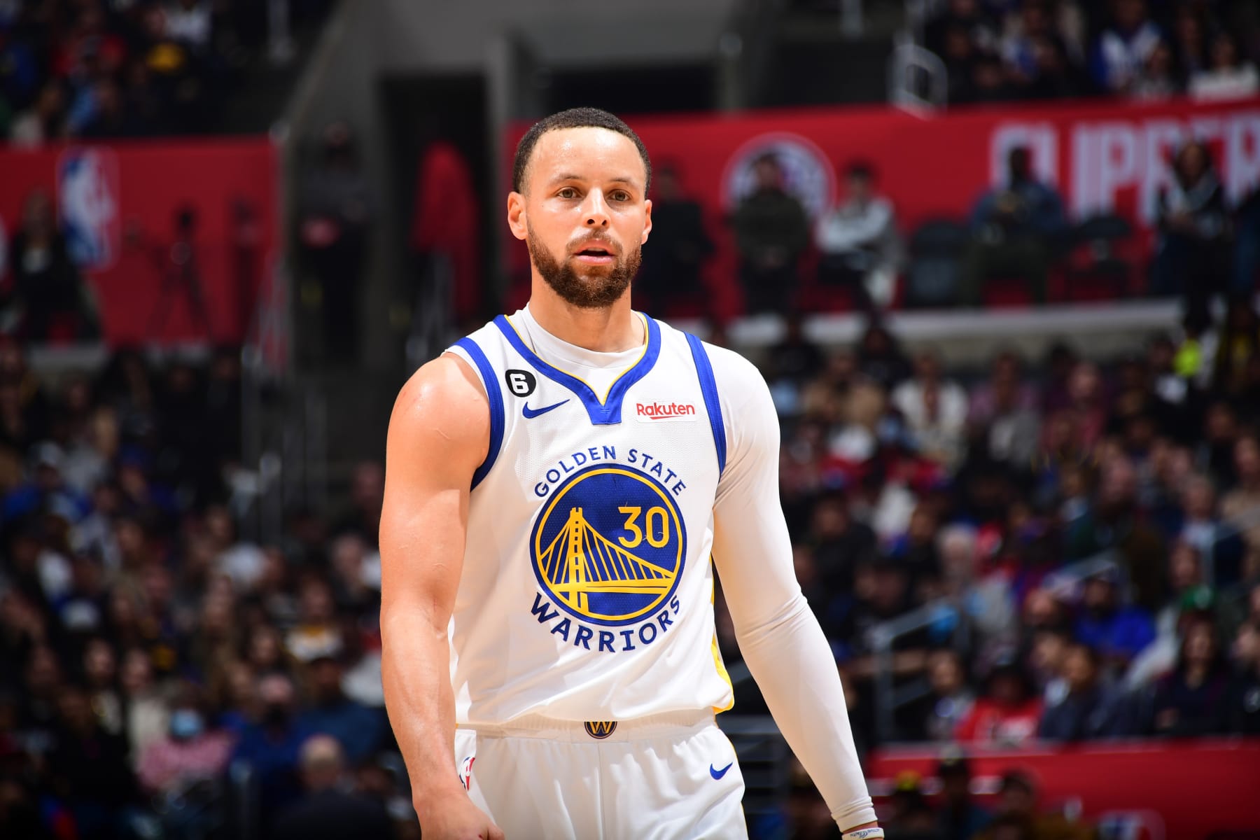 LOS ANGELES, CA - MARCH 15: Stephen Curry #30 of the Golden State Warriors looks on during the game against the LA Clippers on March 15, 2023 at Crypto.Com Arena in Los Angeles, California. NOTE TO USER: User expressly acknowledges and agrees that, by downloading and/or using this Photograph, user is consenting to the terms and conditions of the Getty Images License Agreement. Mandatory Copyright Notice: Copyright 2023 NBAE (Photo by Adam Pantozzi/NBAE via Getty Images)