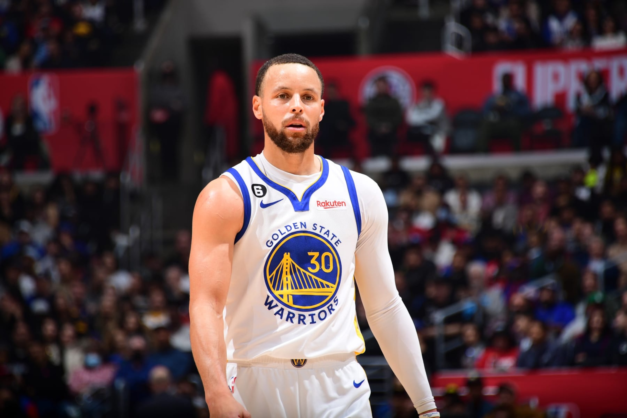 LOS ANGELES, CA - MARCH 15: Stephen Curry #30 of the Golden State Warriors looks on during the game against the LA Clippers on March 15, 2023 at Crypto.Com Arena in Los Angeles, California. NOTE TO USER: User expressly acknowledges and agrees that, by downloading and/or using this Photograph, user is consenting to the terms and conditions of the Getty Images License Agreement. Mandatory Copyright Notice: Copyright 2023 NBAE (Photo by Adam Pantozzi/NBAE via Getty Images)