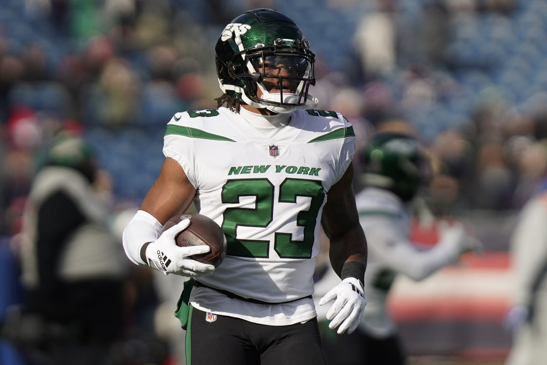 New York Jets running back James Robinson (23) prior to an NFL football game, Sunday, Nov. 20, 2022, in Foxborough, Mass. (AP Photo/Steven Senne)