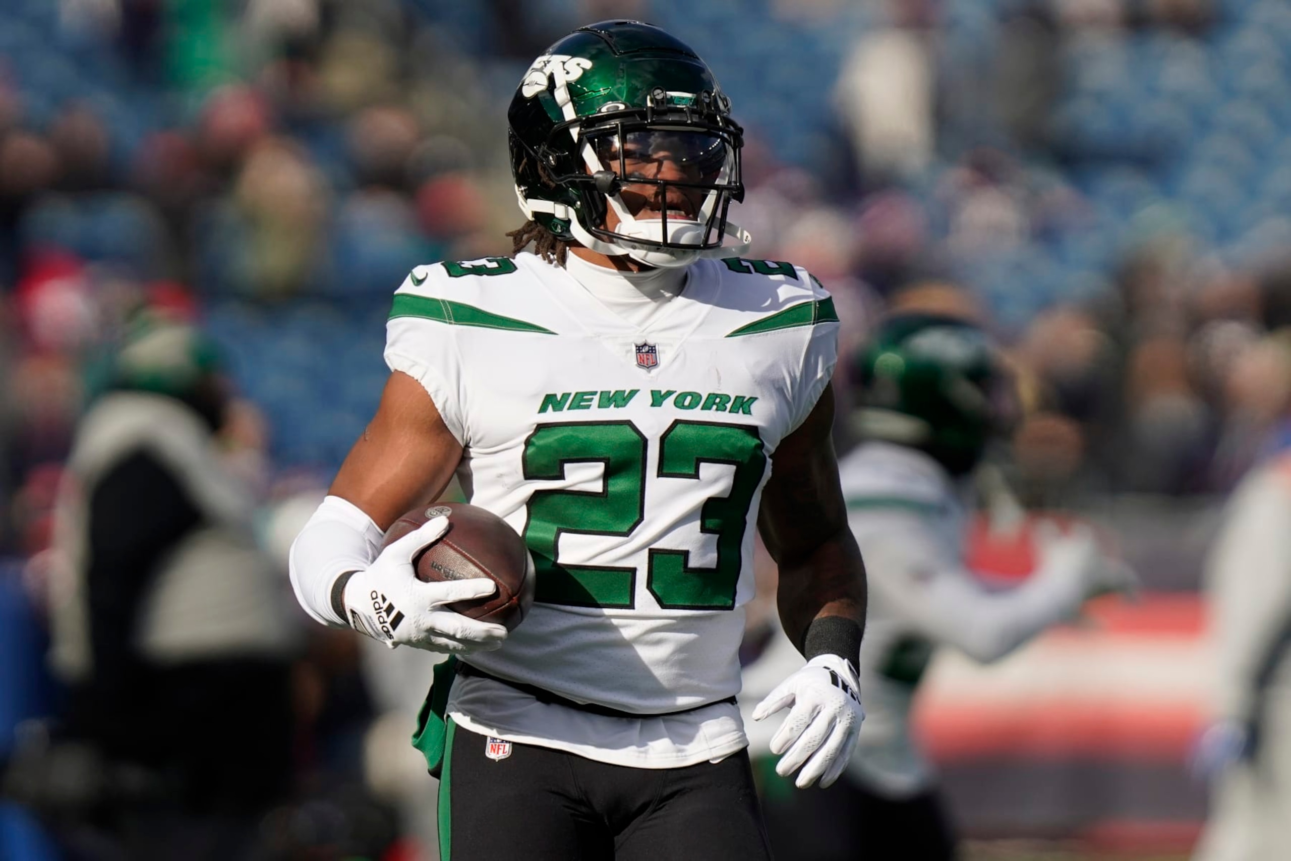 New York Jets running back James Robinson (23) prior to an NFL football game, Sunday, Nov. 20, 2022, in Foxborough, Mass. (AP Photo/Steven Senne)