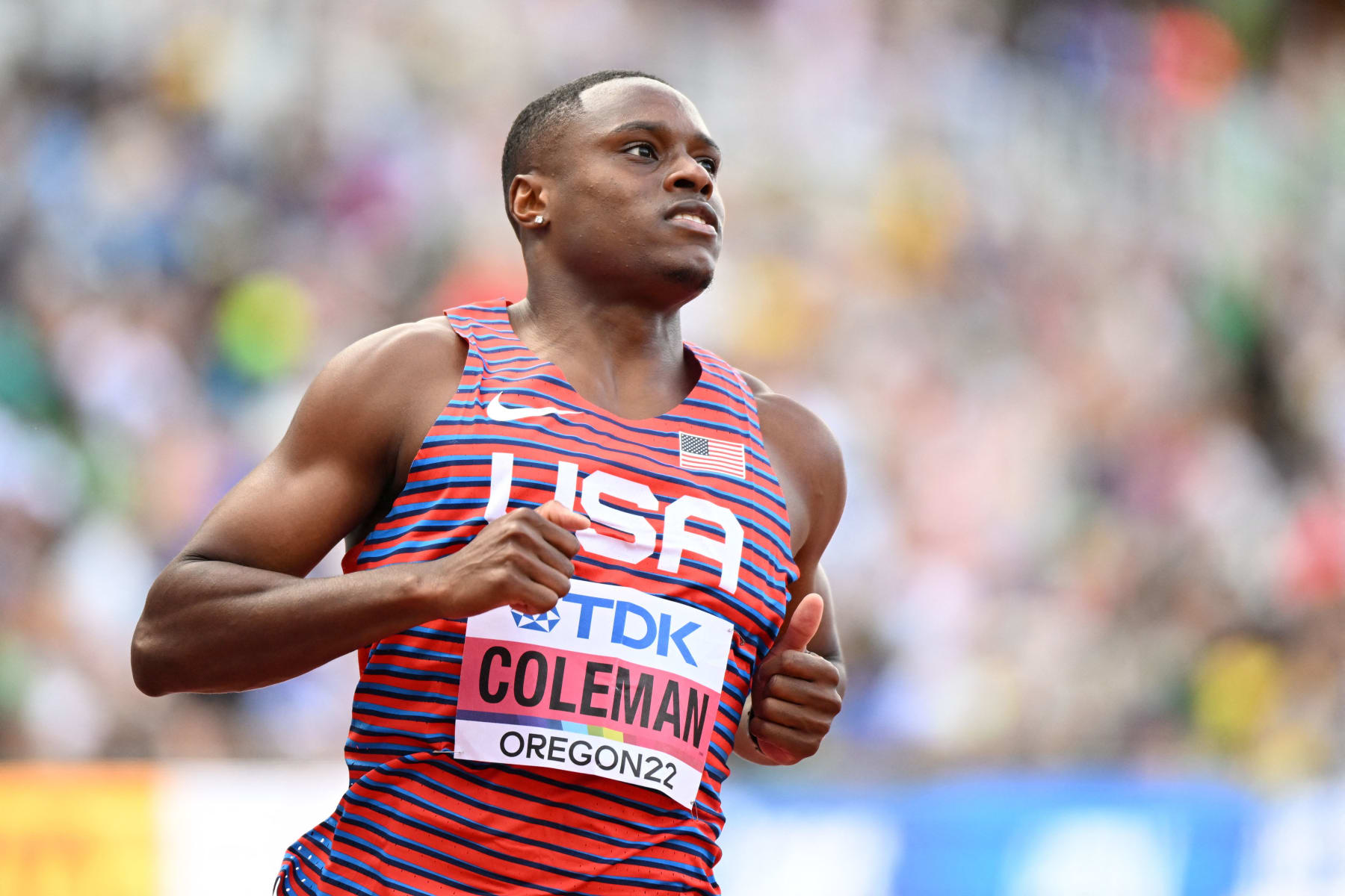 USA's Christian Coleman competes in the men's 100m semi-final during the World Athletics Championships at Hayward Field in Eugene, Oregon on July 16, 2022. (Photo by Jewel SAMAD / AFP) (Photo by JEWEL SAMAD/AFP via Getty Images)