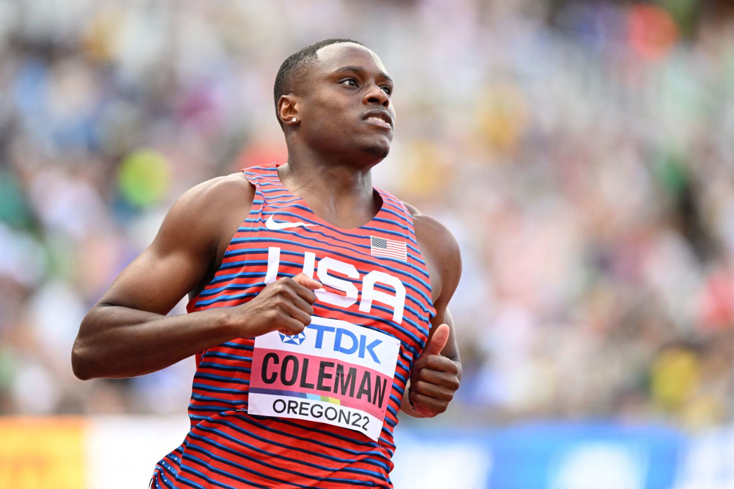 USA's Christian Coleman competes in the men's 100m semi-final during the World Athletics Championships at Hayward Field in Eugene, Oregon on July 16, 2022. (Photo by Jewel SAMAD / AFP) (Photo by JEWEL SAMAD/AFP via Getty Images)