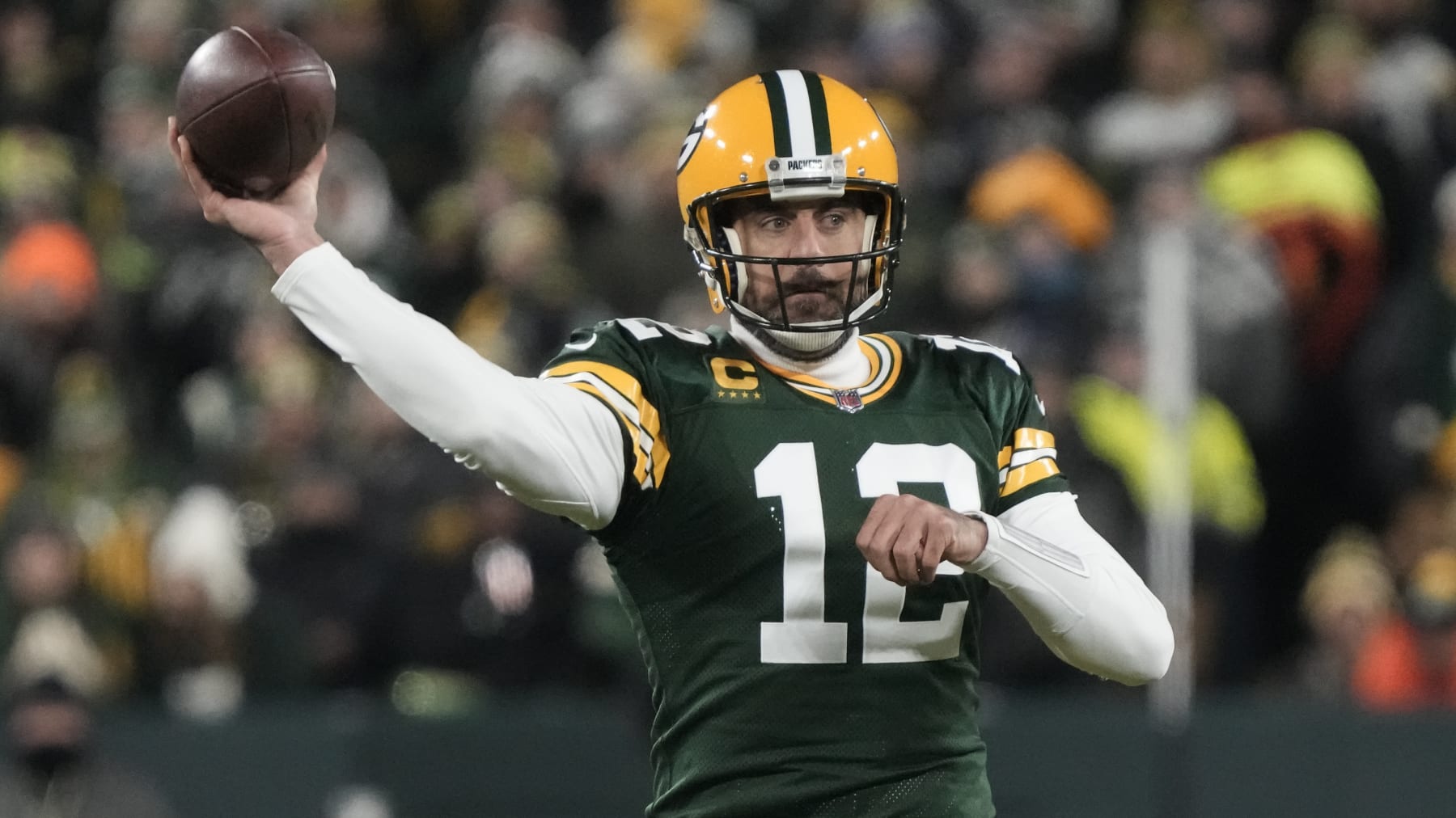 Green Bay Packers' Aaron Rodgers during the first half of an NFL football game against the Los Angeles Rams Monday, Dec. 19, 2022, in Green Bay, Wis. (AP Photo/Morry Gash)