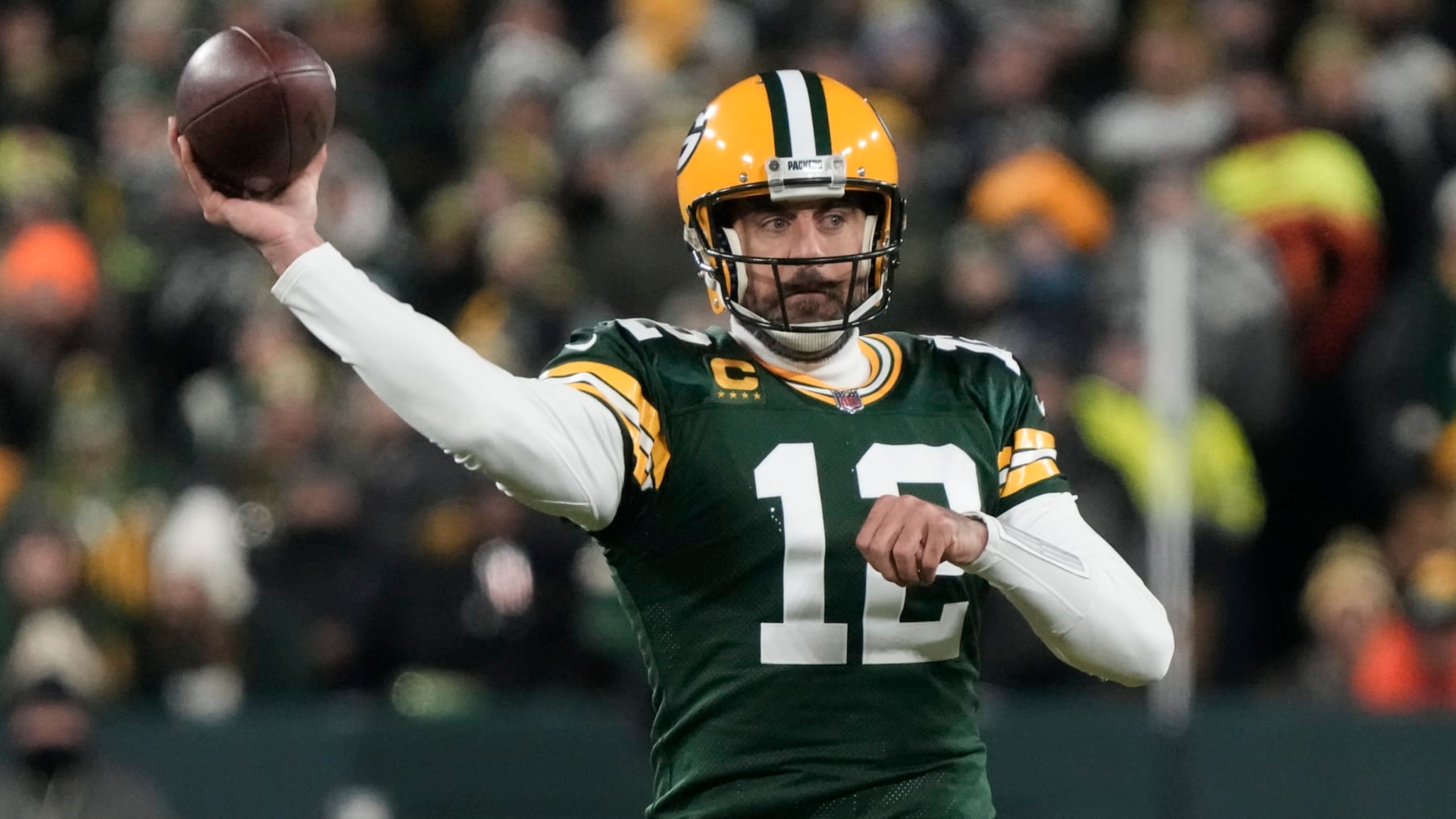 Green Bay Packers' Aaron Rodgers during the first half of an NFL football game against the Los Angeles Rams Monday, Dec. 19, 2022, in Green Bay, Wis. (AP Photo/Morry Gash)