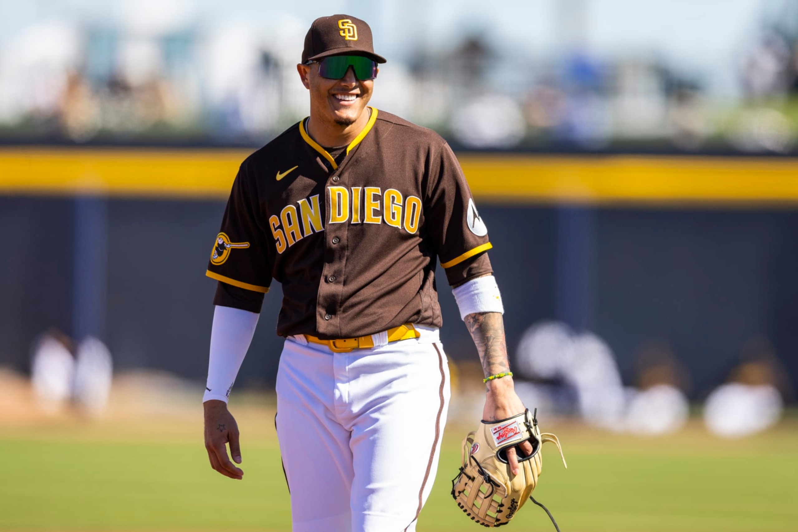 SAN DIEGO, CA - FEBRUARY 27: Manny Machado #13 of the San Diego Padres looks on during the game between the Los Angeles Dodgers and the San Diego Padres at Petco Park on Monday, February 27, 2023 in San Diego, California. (Photo by Adam Glanzman/MLB Photos via Getty Images)