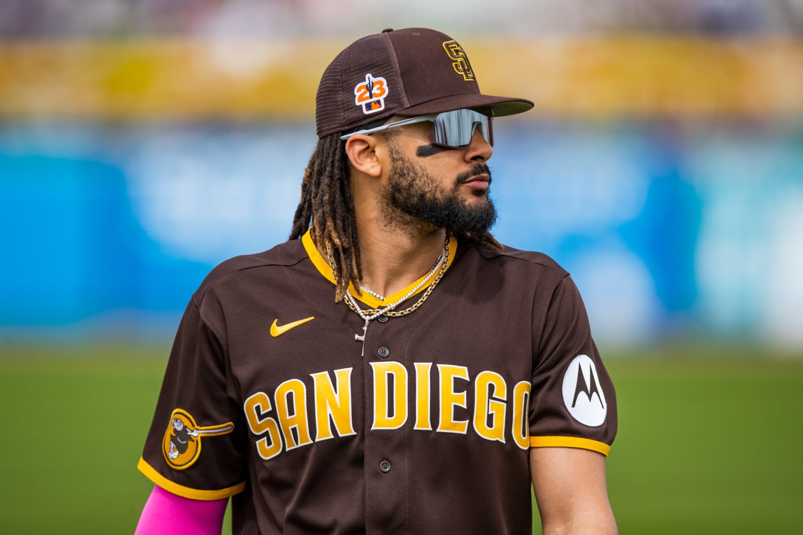 PEORIA, ARIZONA - MARCH 11: Fernando Tatis Jr. #23 of the San Diego Padres walks across the field before the Spring Training Game against the Chicago White Sox at Peoria Stadium on March 11, 2023 in Peoria, Arizona. (Photo by John E. Moore III/Getty Images)