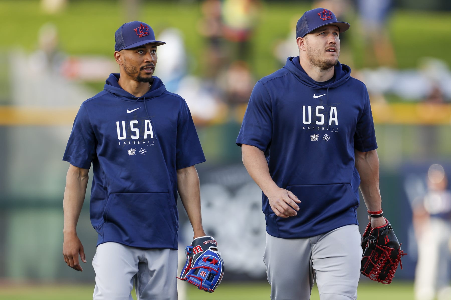 SCOTTSDALE, AZ - MARCH 08: Team USA right fielder Mookie Betts (3) and center fielder Mike Trout (27) warm up prior to a Spring Training exhibition game against the San Francisco Giants at Scottsdale Stadium on March 08, 2023 in Scottsdale, Arizona. (Photo by Brandon Sloter/Icon Sportswire via Getty Images) SCOTTSDALE, AZ - MARCH 08: Team USA right fielder Mookie Betts (3) and center fielder Mike Trout (27) warm up prior to a Spring Training exhibition game against the San Francisco Giants at Scottsdale Stadium on March 08, 2023 in Scottsdale, Arizona. (Photo by Brandon Sloter/Icon Sportswire via Getty Images)