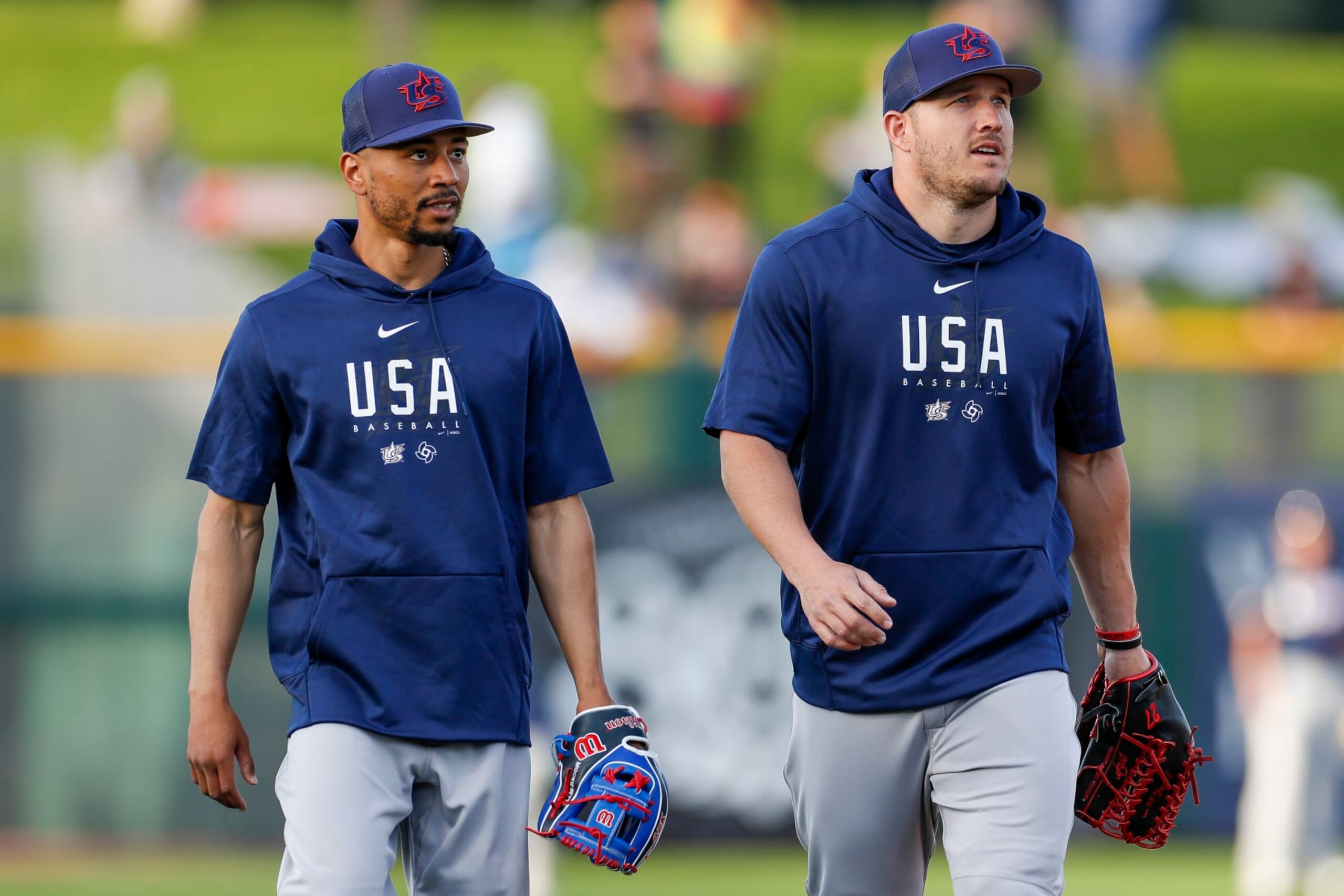 SCOTTSDALE, AZ - MARCH 08: Team USA right fielder Mookie Betts (3) and center fielder Mike Trout (27) warm up prior to a Spring Training exhibition game against the San Francisco Giants at Scottsdale Stadium on March 08, 2023 in Scottsdale, Arizona. (Photo by Brandon Sloter/Icon Sportswire via Getty Images)