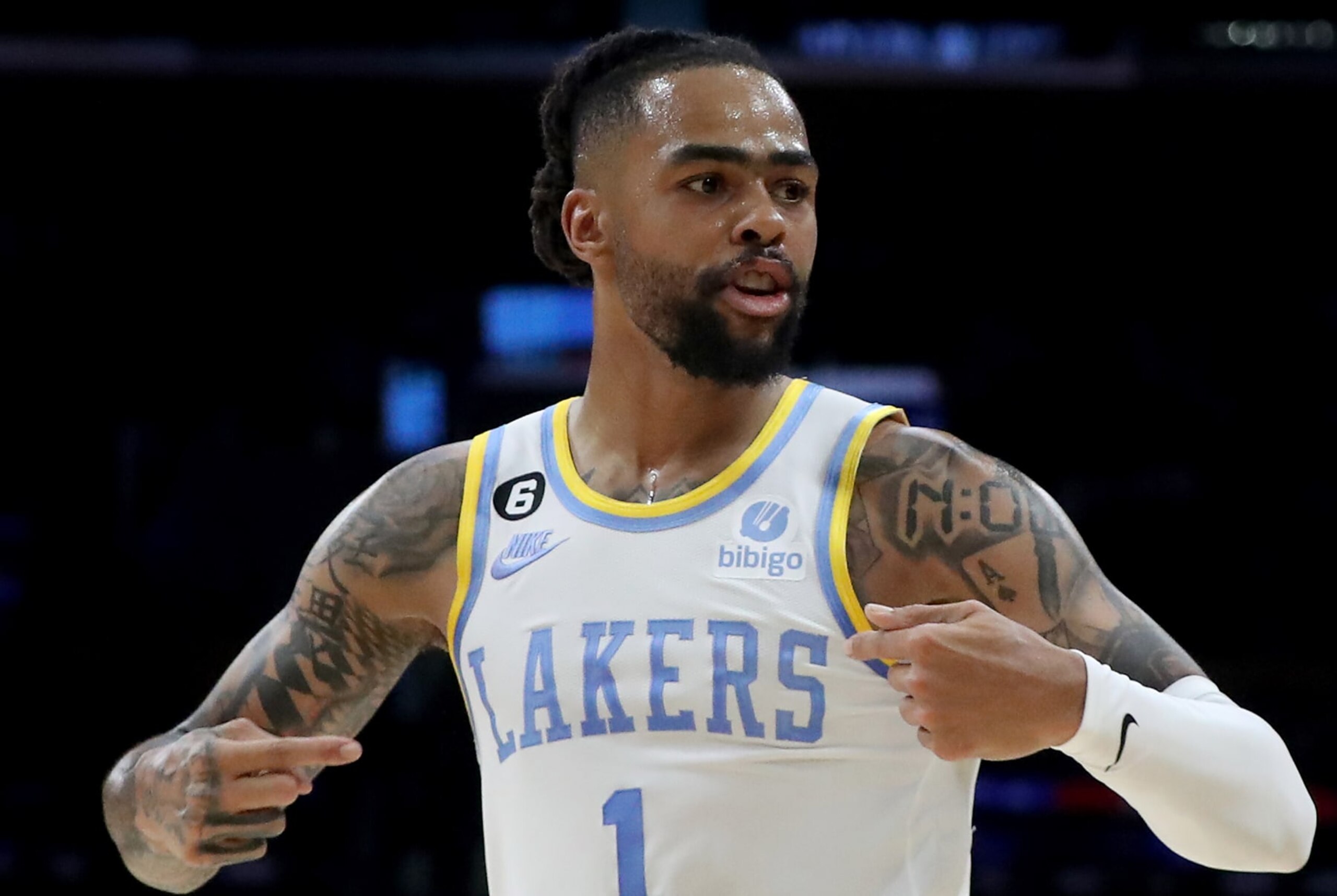 LOS ANGELES, CALIF. - MAR. 12, 2023. Lakers guard D'Angelo Russell celebrates after scoring a three-pointer against the Knicks in the first half at Crypto.com Arena in Los Angeles on Sunday, Mar. 12, 2023. The Knicks won, 112-108. (Luis Sinco / Los Angeles Times via Getty Images)