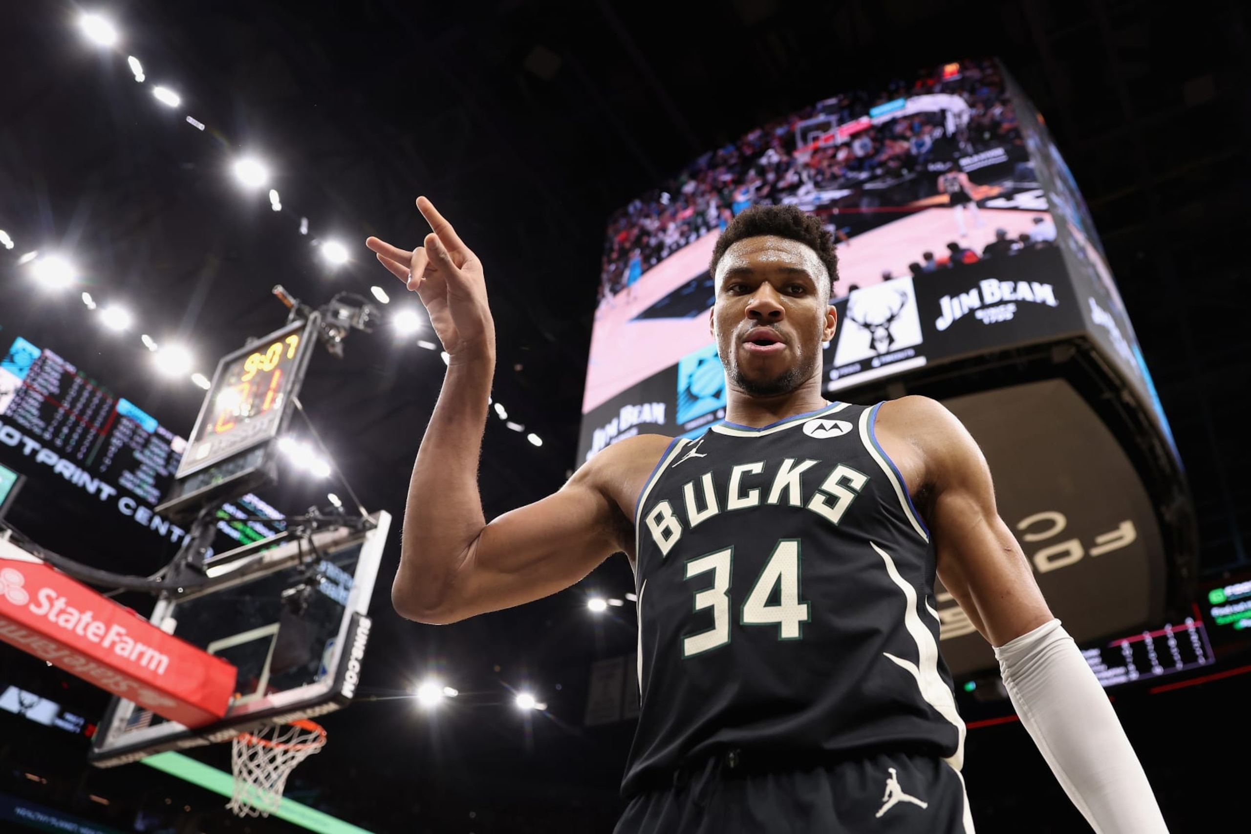 PHOENIX, ARIZONA - MARCH 14: Giannis Antetokounmpo #34 of the Milwaukee Bucks reacts after drawing a foul against the Phoenix Suns during the second half of the NBA game at Footprint Center on March 14, 2023 in Phoenix, Arizona.  The Bucks defeated the Suns 116-104. NOTE TO USER: User expressly acknowledges and agrees that, by downloading and or using this photograph, User is consenting to the terms and conditions of the Getty Images License Agreement.  (Photo by Christian Petersen/Getty Images)