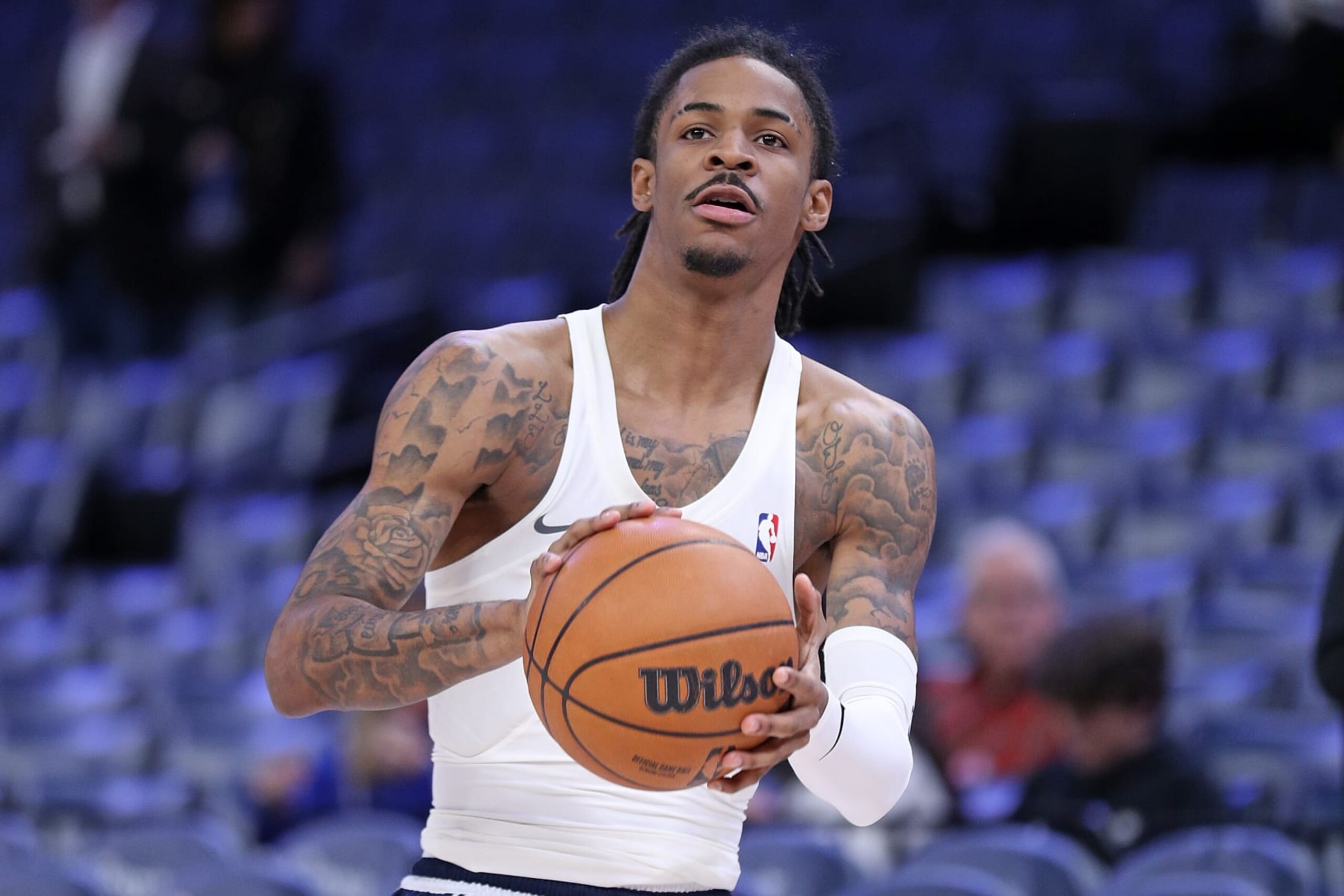 MEMPHIS, TENNESSEE - FEBRUARY 07: Ja Morant #12 of the Memphis Grizzlies warms up before the game against the Chicago Bulls at FedExForum on February 07, 2023 in Memphis, Tennessee. NOTE TO USER: User expressly acknowledges and agrees that, by downloading and or using this photograph, User is consenting to the terms and conditions of the Getty Images License Agreement. (Photo by Justin Ford/Getty Images)