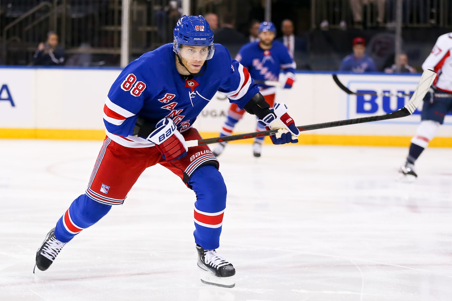 NEW YORK, NY - MARCH 14: New York Rangers Right Wing Patrick Kane (88) in action during the National Hockey League game between the Washington Capitals and the New York Rangers on March 14, 2023 at Madison Square Garden in New York, NY. (Photo by Joshua Sarner/Icon Sportswire via Getty Images)