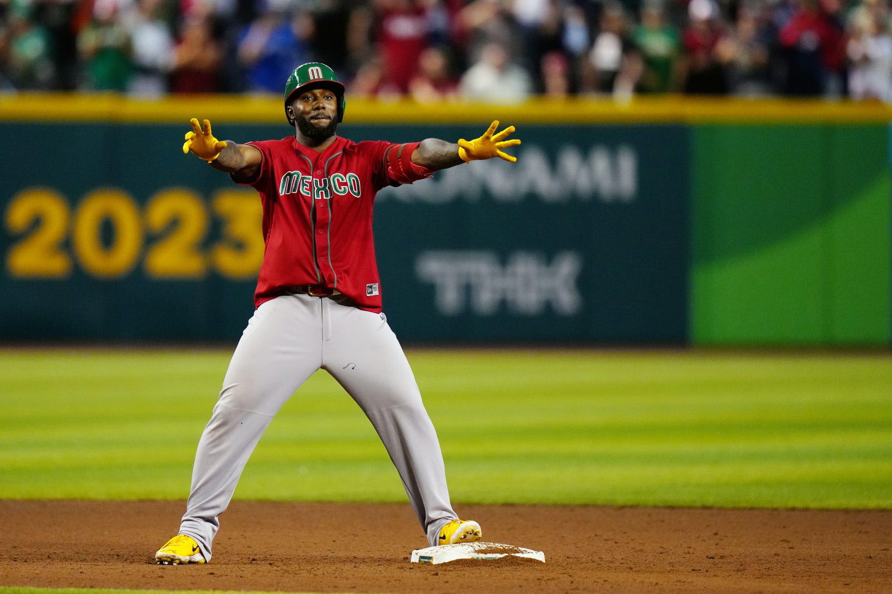 PHOENIX, AZ - MARCH 15:  Randy Arozarena #56 of Team Mexico reacts to hitting a three-run double in the sixth inning during Game 9 of Pool C between Team Mexico and Team Canada at Chase Field on Wednesday, March 15, 2023 in Phoenix, Arizona. (Photo by Daniel Shirey/WBCI/MLB Photos via Getty Images)