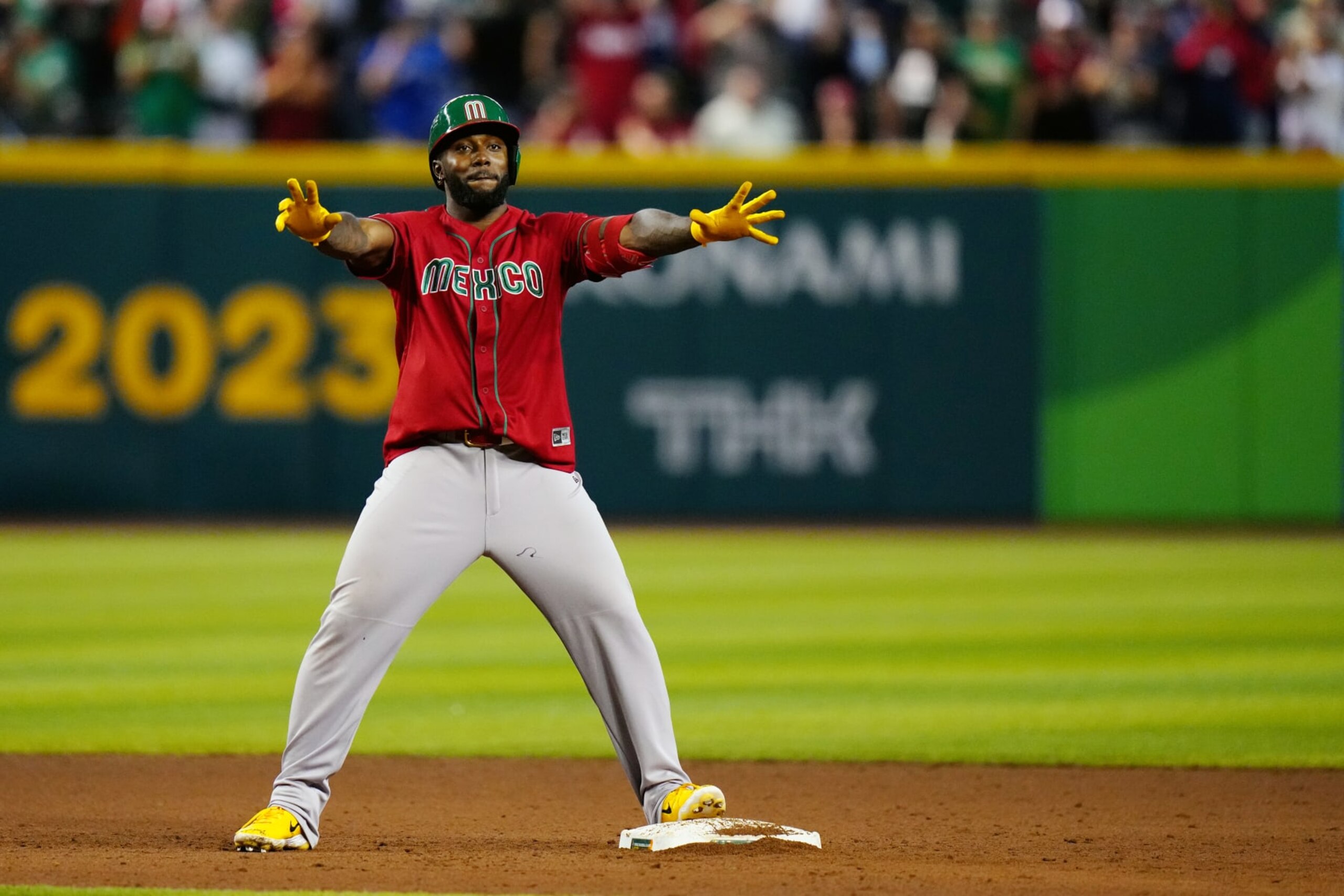 PHOENIX, AZ - MARCH 15:  Randy Arozarena #56 of Team Mexico reacts to hitting a three-run double in the sixth inning during Game 9 of Pool C between Team Mexico and Team Canada at Chase Field on Wednesday, March 15, 2023 in Phoenix, Arizona. (Photo by Daniel Shirey/WBCI/MLB Photos via Getty Images)