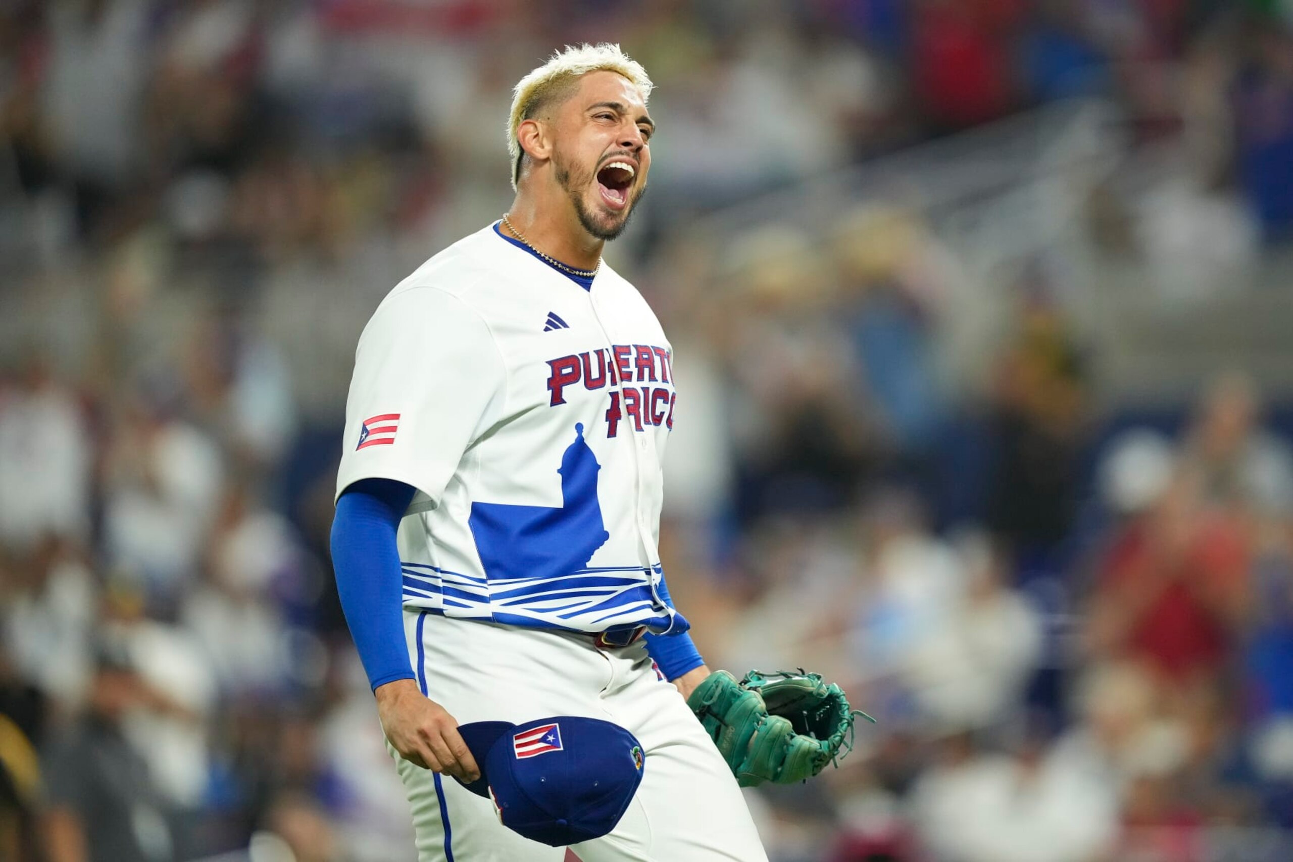 MIAMI, FLORIDA - MARCH 13: Jose De Leon #87 of Puerto Rico celebrates after leaving the game in the sixth inning against Israel at loanDepot park on March 13, 2023 in Miami, Florida. (Photo by Eric Espada/Getty Images)