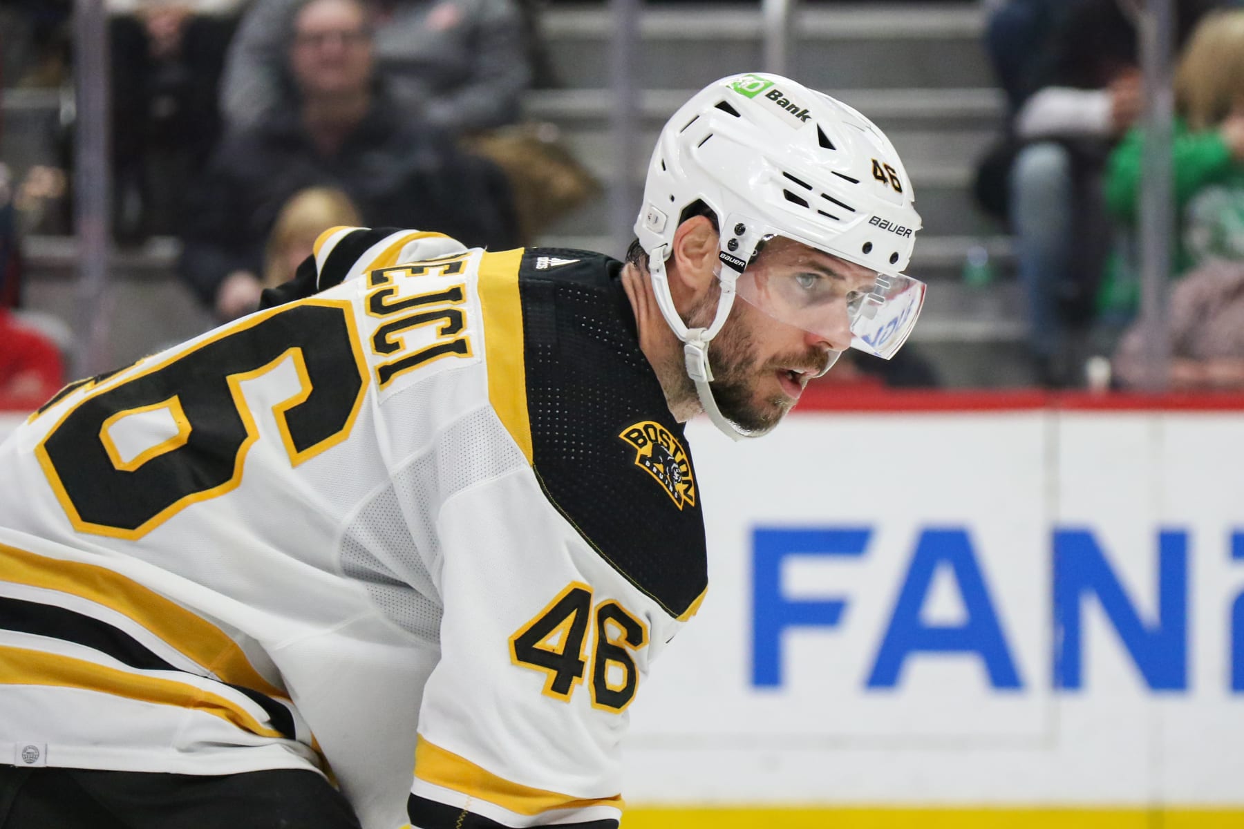 DETROIT, MI - MARCH 12:  Boston Bruins forward David Krejci (46) looks on during the third period of an NHL regular season hockey game between the Boston Bruins and the Detroit Red Wings on March 12, 2023 at Little Caesars Arena in Detroit, Michigan. (Photo by Scott W. Grau/Icon Sportswire via Getty Images)