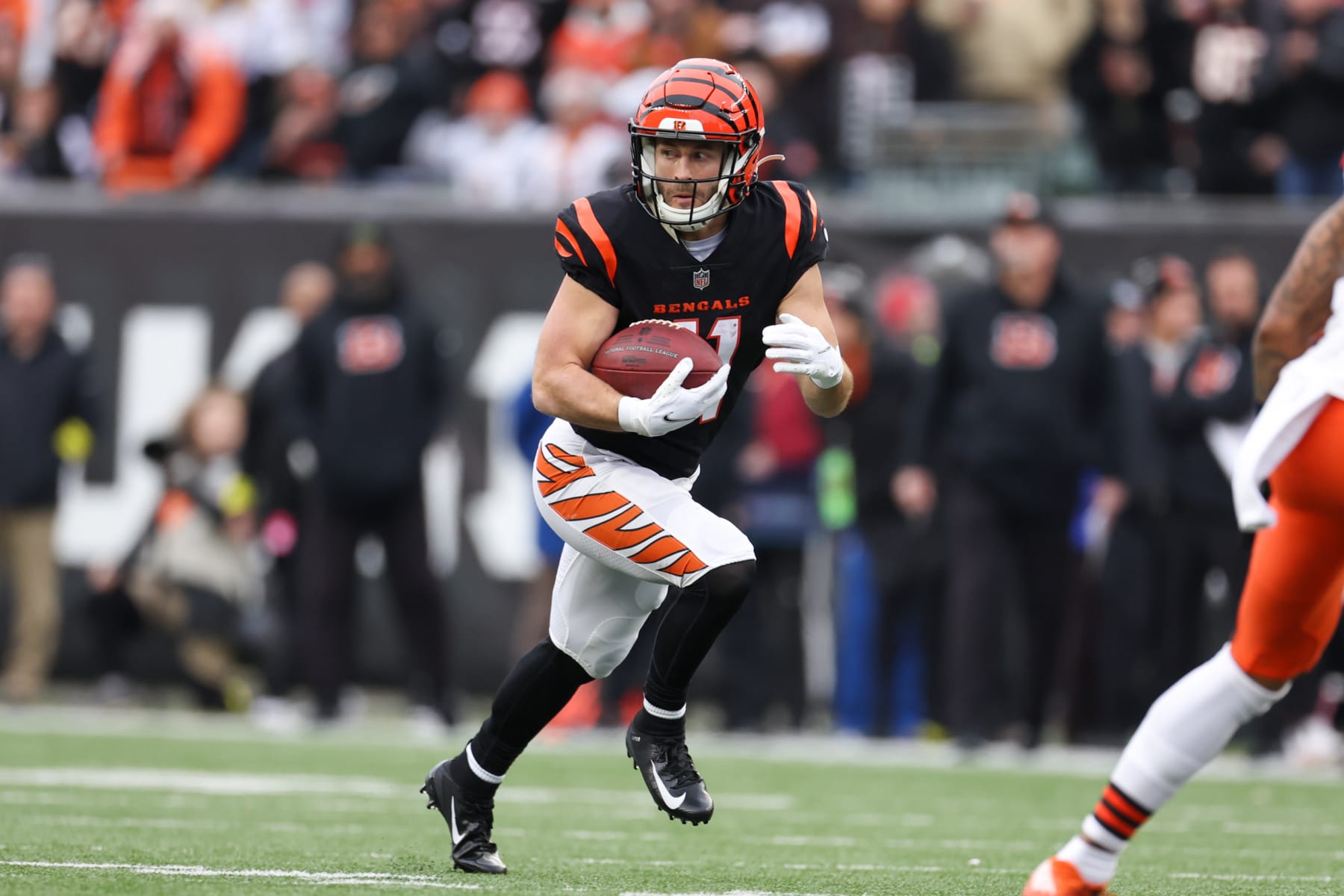 CINCINNATI, OH - DECEMBER 11: Cincinnati Bengals wide receiver Trent Taylor (11) carries the ball during the game against the Cleveland Browns and the Cincinnati Bengals on December 11, 2022, at  Paycor Stadium in Cincinnati, OH. (Photo by Ian Johnson/Icon Sportswire via Getty Images)