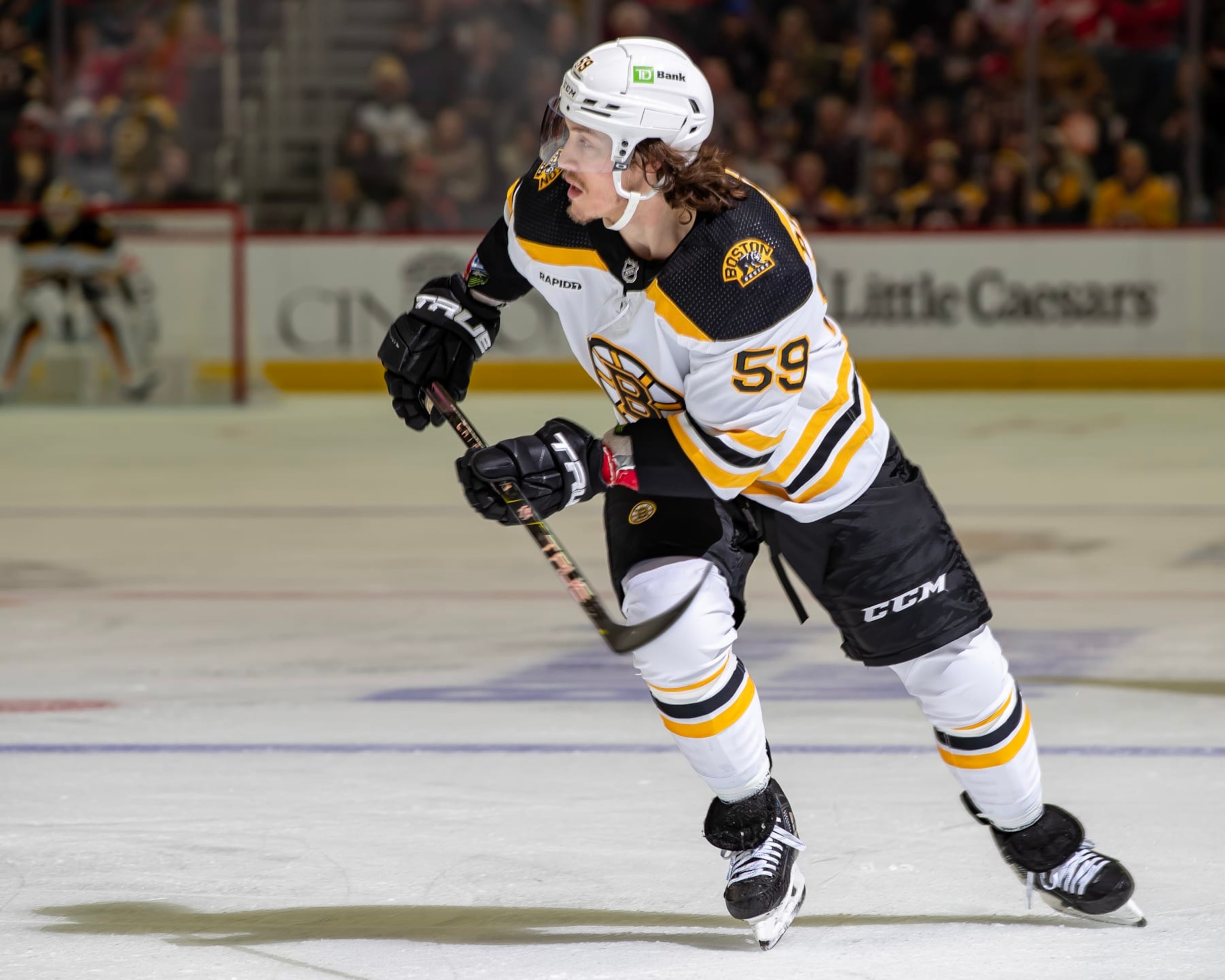 DETROIT, MI - MARCH 12: Tyler Bertuzzi #59 of the Boston Bruins follows the play against the Detroit Red Wings during the first period of an NHL game at Little Caesars Arena on March 12, 2023 in Detroit, Michigan. Detroit defeated Boston 5-3. (Photo by Dave Reginek/NHLI via Getty Images)