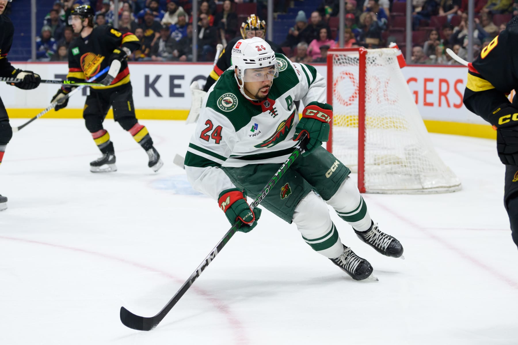 VANCOUVER, CANADA - MARCH 2: Matt Dumba #24 of the Minnesota Wild skates up ice during the first period of their NHL game against the Minnesota Wild at Rogers Arena on March 2, 2023 in Vancouver, British Columbia, Canada. (Photo by Derek Cain/Getty Images)