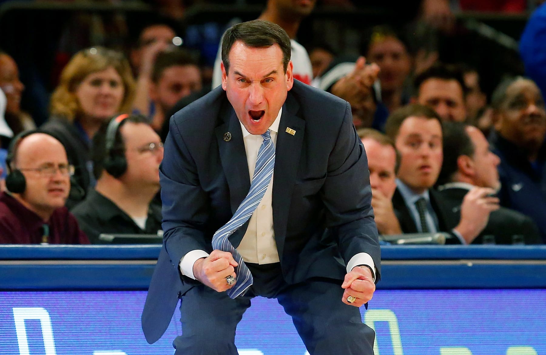 NEW YORK, NY - NOVEMBER 22:  Head coach Mike Krzyzewski of the Duke Blue Devils reacts in the second half against the Georgetown Hoyas during the 2K Classic championship game at Madison Square Garden on November 22, 2015 in New York City.  (Photo by Jim McIsaac/Getty Images)