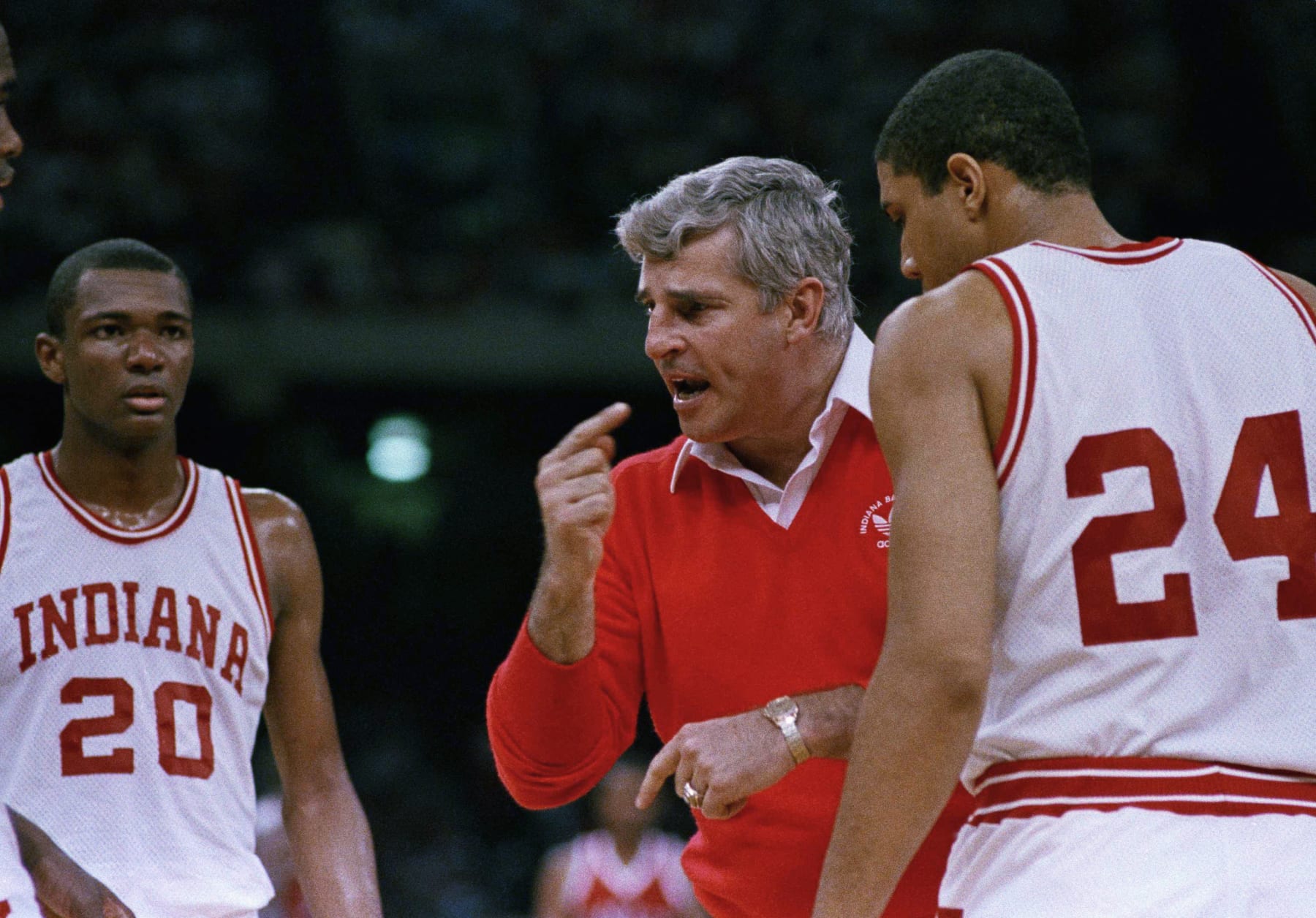 Indiana coach Bobby Knight gestures while instructing his players as the Hoosiers defeated UNLV, 97-93, in NCAA semi-final play, Saturday, March 30, 1987 in New Orleans. Indiana meets Syracuse in the championship game Monday night. (AP Photo/Bob Jordan)