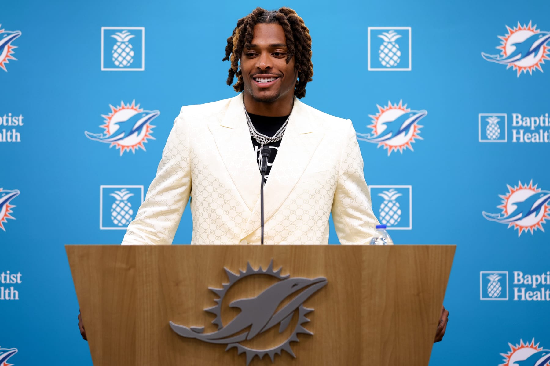 MIAMI GARDENS, FLORIDA - MARCH 16: Jalen Ramsey of the Miami Dolphins speaks to the media during a press conference where he was introduced at Baptist Health Training Complex on March 16, 2023 in Miami Gardens, Florida. (Photo by Megan Briggs/Getty Images)