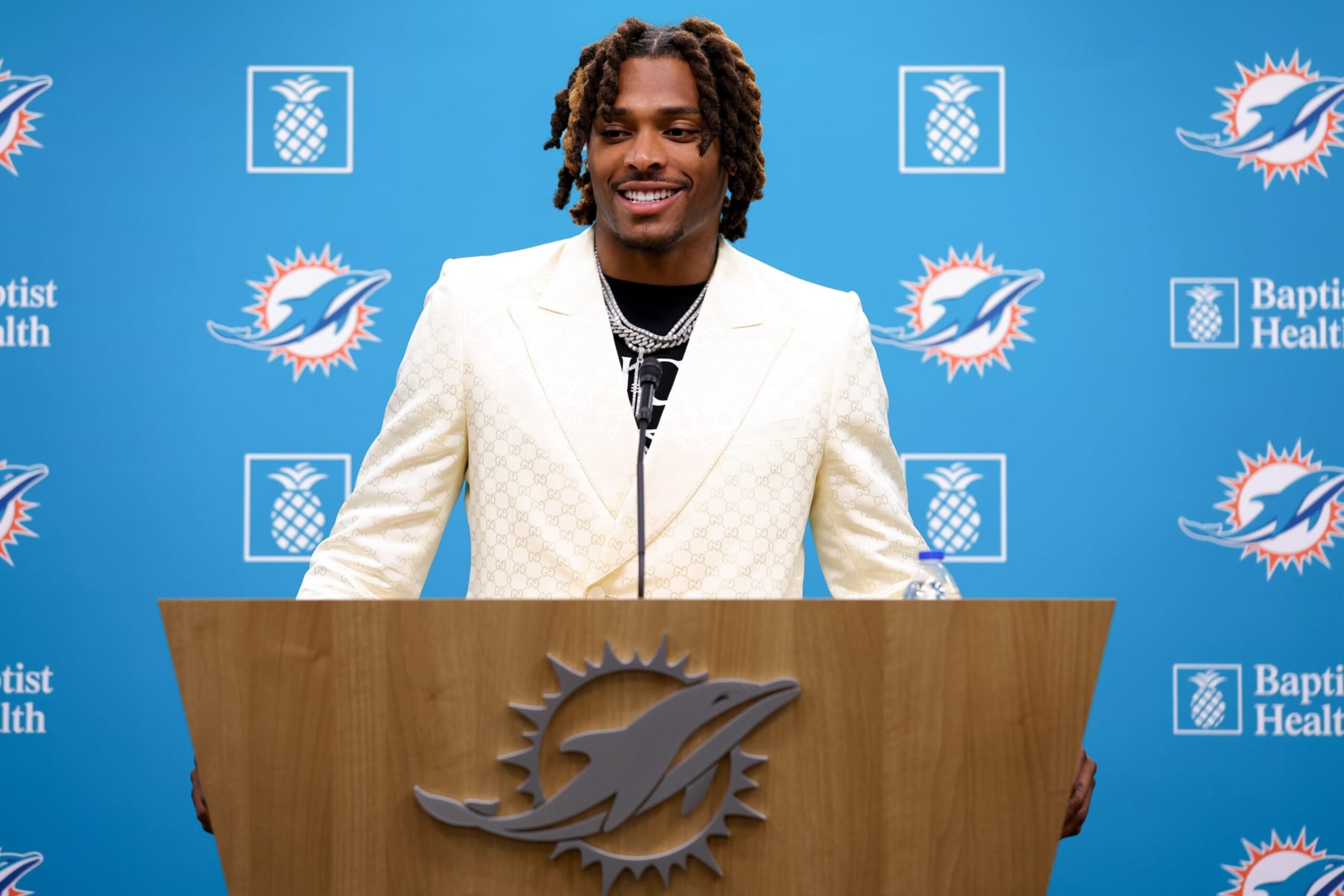 MIAMI GARDENS, FLORIDA - MARCH 16: Jalen Ramsey of the Miami Dolphins speaks to the media during a press conference where he was introduced at Baptist Health Training Complex on March 16, 2023 in Miami Gardens, Florida. (Photo by Megan Briggs/Getty Images)