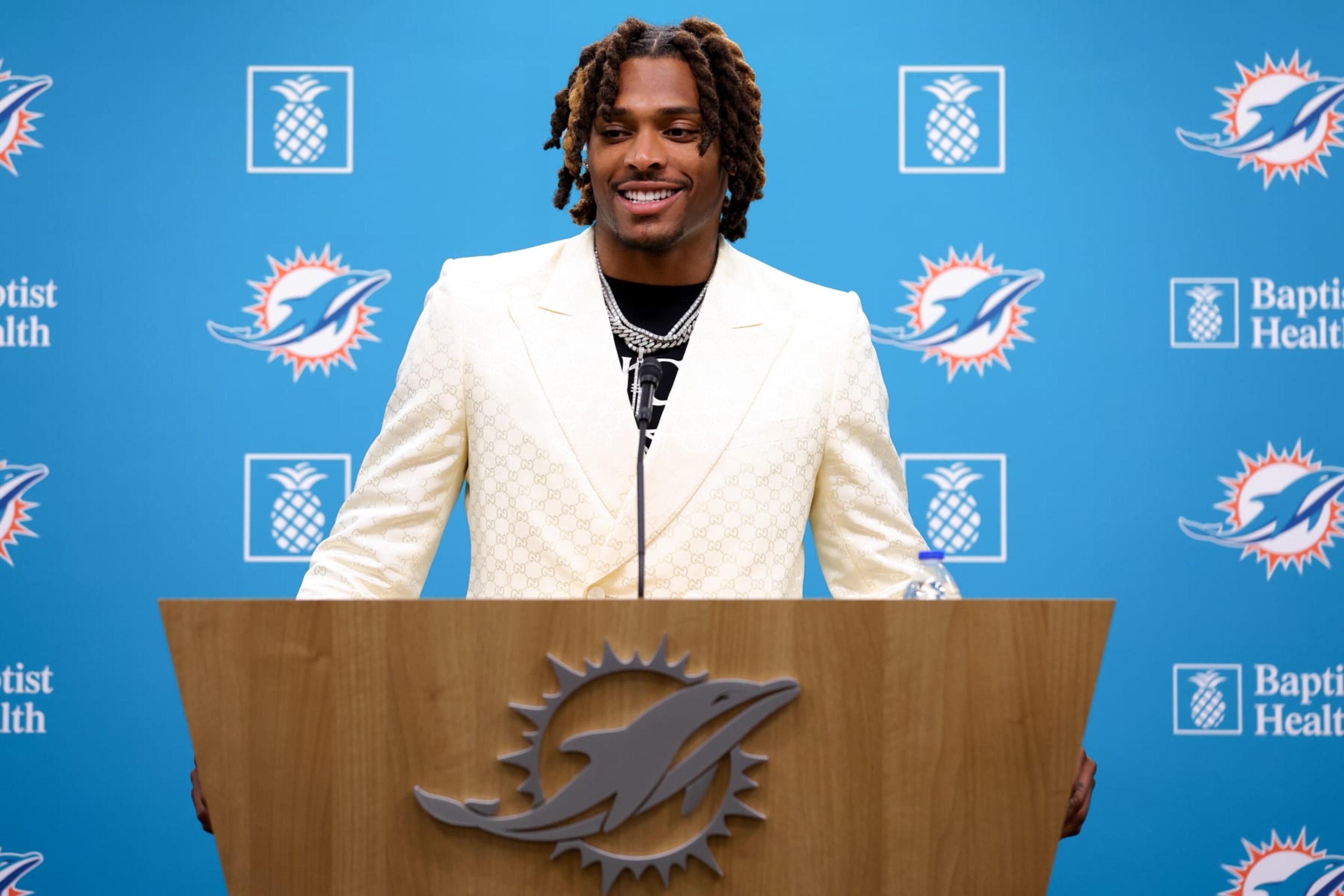 MIAMI GARDENS, FLORIDA - MARCH 16: Jalen Ramsey of the Miami Dolphins speaks to the media during a press conference where he was introduced at Baptist Health Training Complex on March 16, 2023 in Miami Gardens, Florida. (Photo by Megan Briggs/Getty Images)
