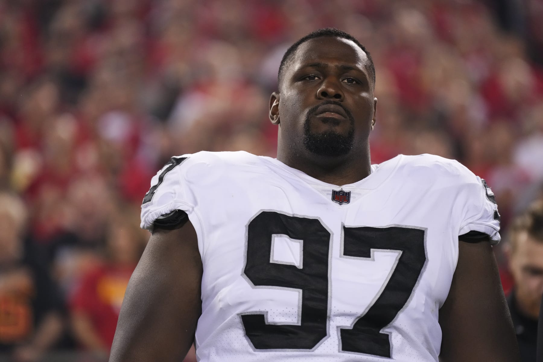 KANSAS CITY, MO - OCTOBER 10: Andrew Billings #97 of the Las Vegas Raiders stands for the national anthem against the Kansas City Chiefs at GEHA Field at Arrowhead Stadium on October 10, 2022 in Kansas City, Missouri. (Photo by Cooper Neill/Getty Images)