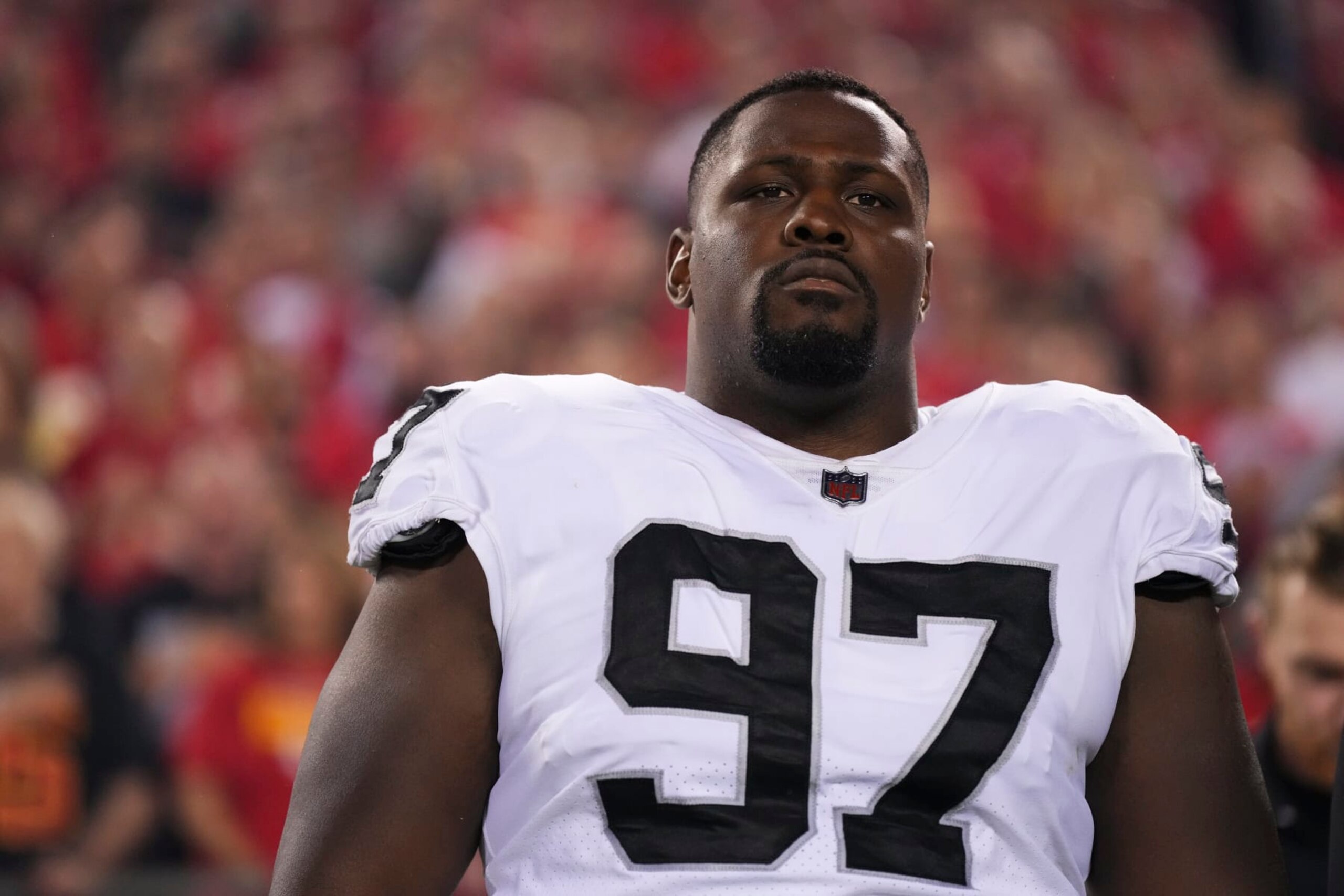 KANSAS CITY, MO - OCTOBER 10: Andrew Billings #97 of the Las Vegas Raiders stands for the national anthem against the Kansas City Chiefs at GEHA Field at Arrowhead Stadium on October 10, 2022 in Kansas City, Missouri. (Photo by Cooper Neill/Getty Images)