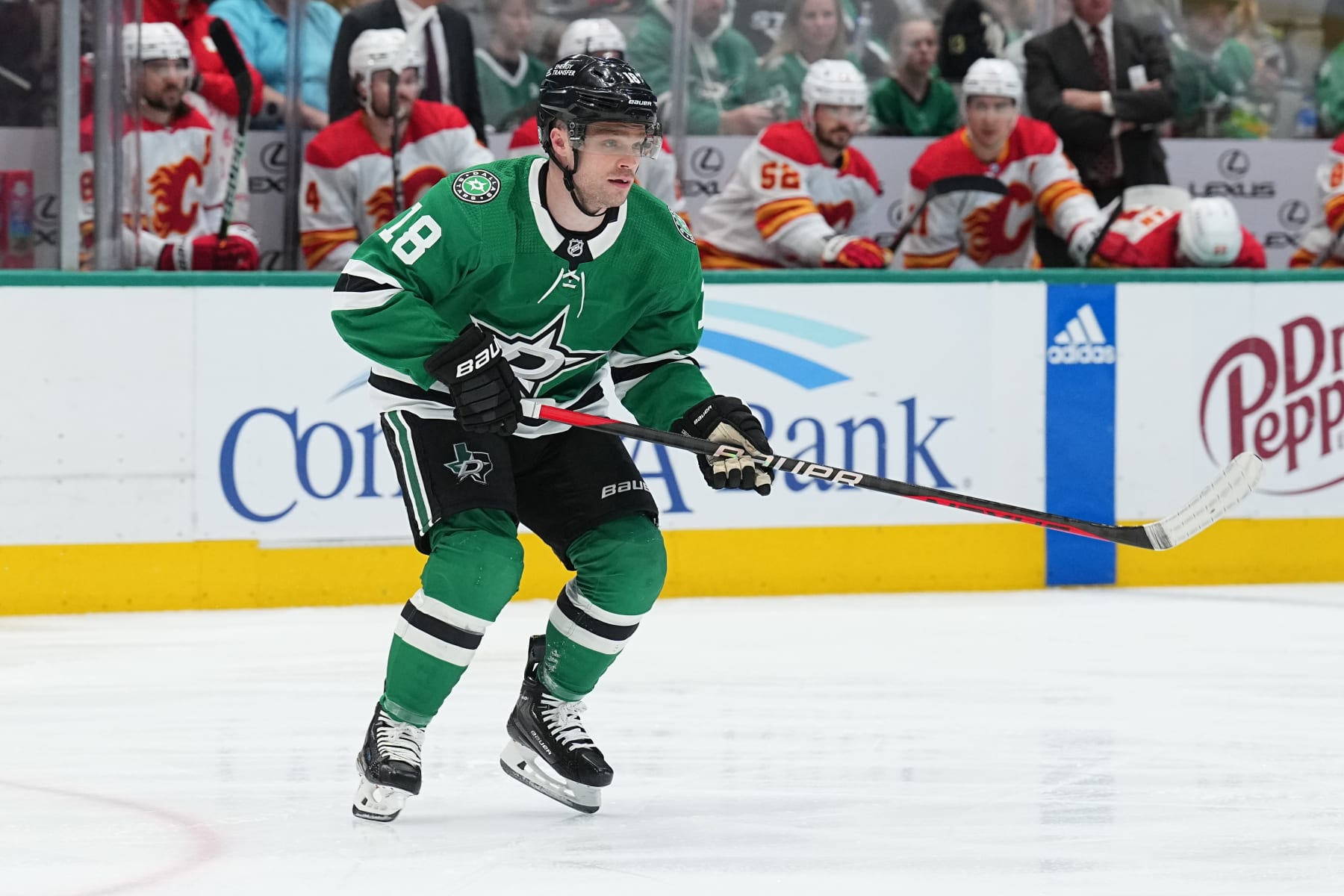 DALLAS, TX - MARCH 6: Max Domi #18 of the Dallas Stars skates against the Calgary Flames at the American Airlines Center on March 6, 2023 in Dallas, Texas. (Photo by Glenn James/NHLI via Getty Images)