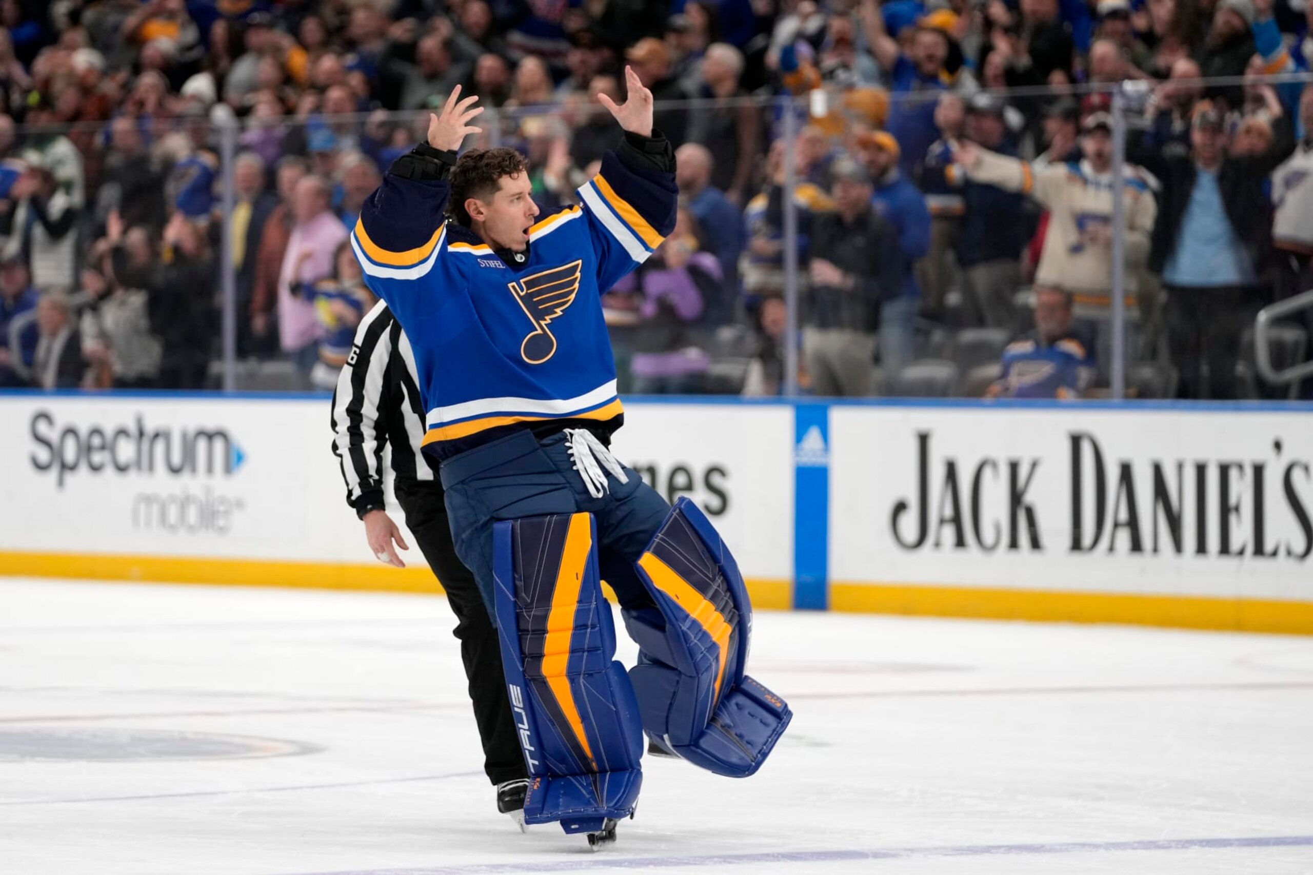 St. Louis Blues goaltender Jordan Binnington reacts after receiving a penalty during the second period of an NHL hockey game against the Minnesota Wild Wednesday, March 15, 2023, in St. Louis. (AP Photo/Jeff Roberson)