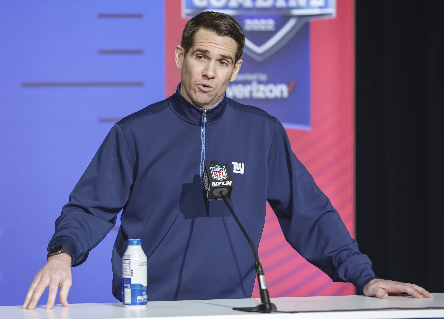 INDIANAPOLIS, IN - MAR 01: Joe Schoen, general manager of the New York Giants speaks to reporters during the NFL Draft Combine at the Indiana Convention Center on March 1, 2022 in Indianapolis, Indiana. (Photo by Michael Hickey/Getty Images)