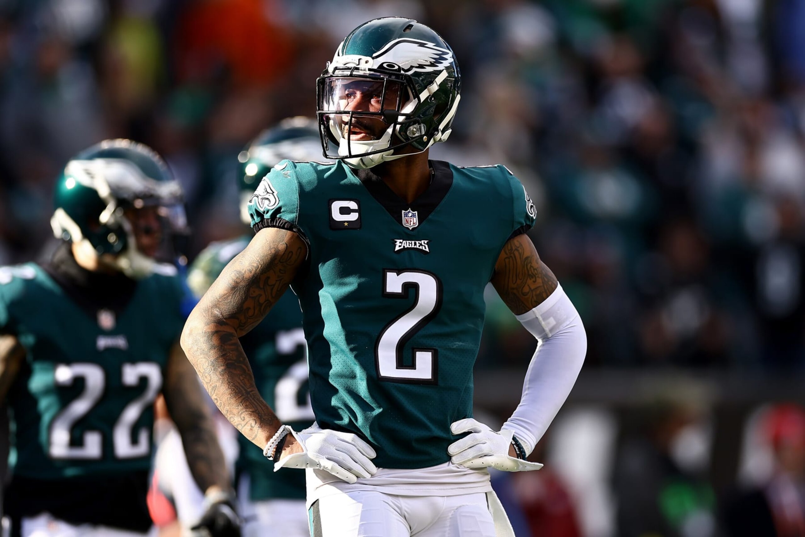 PHILADELPHIA, PENNSYLVANIA - JANUARY 01: Darius Slay #2 of the Philadelphia Eagles looks on against the New Orleans Saints during the second quarter at Lincoln Financial Field on January 01, 2023 in Philadelphia, Pennsylvania. (Photo by Tim Nwachukwu/Getty Images)