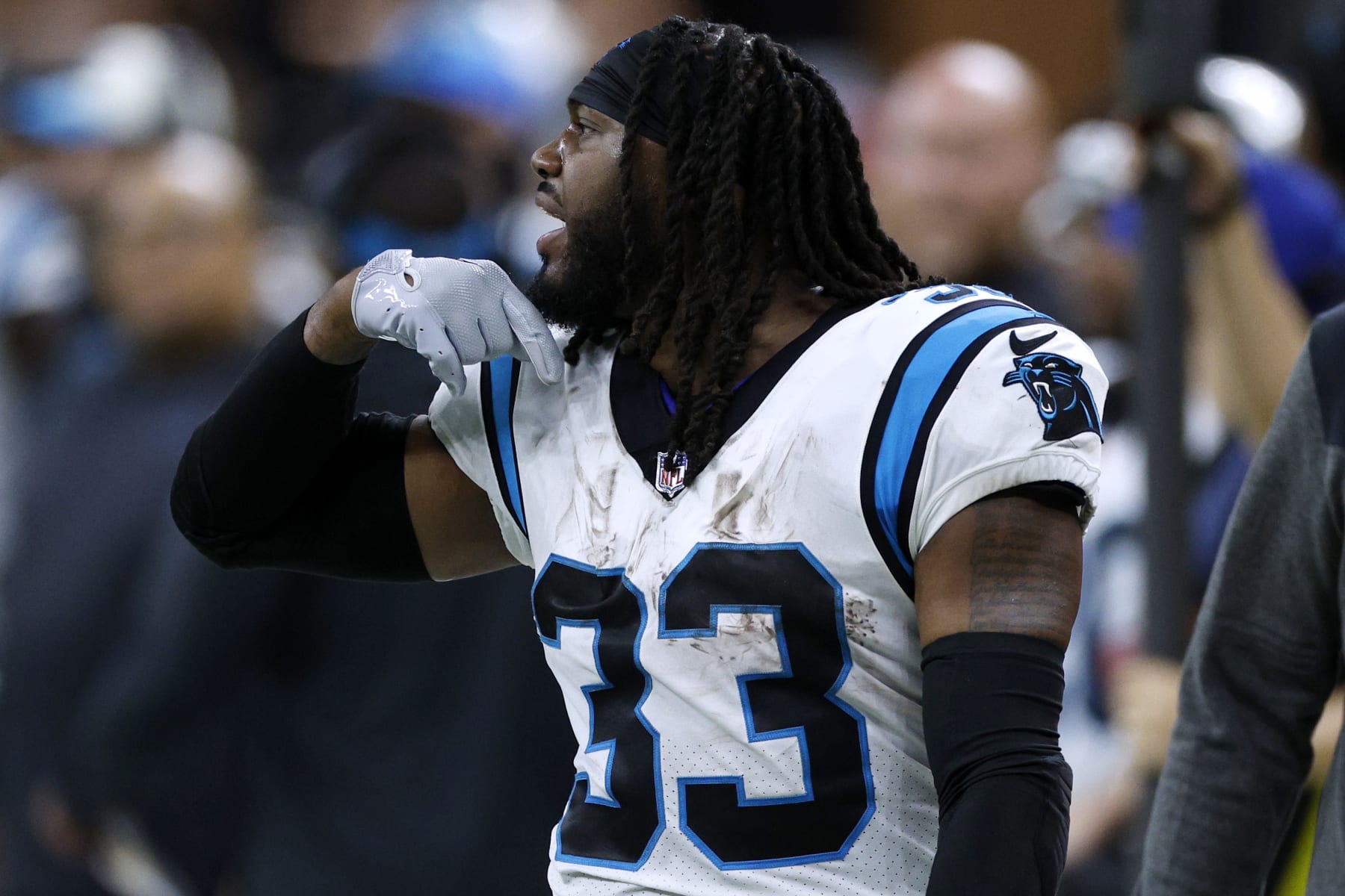 NEW ORLEANS, LOUISIANA - JANUARY 08: D'Onta Foreman #33 of the Carolina Panthers reacts after being disqualified during the third quarter against the New Orleans Saints at Caesars Superdome on January 08, 2023 in New Orleans, Louisiana. (Photo by Chris Graythen/Getty Images)
